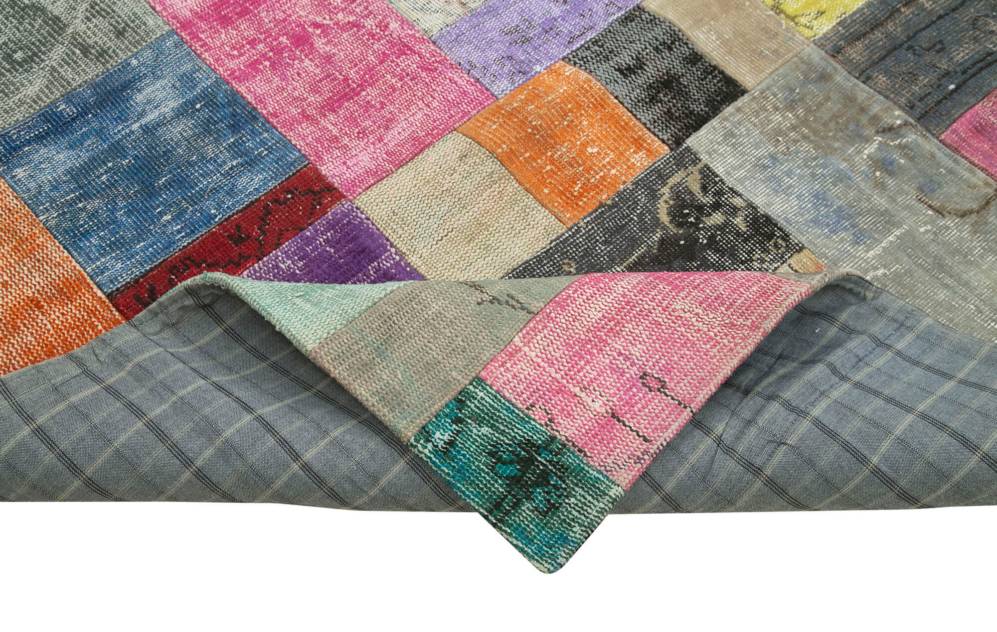 Handmade Area Rug - Blue Patchwork Cotton Wool Carpet 9'x12' Hand Knotted Turkish