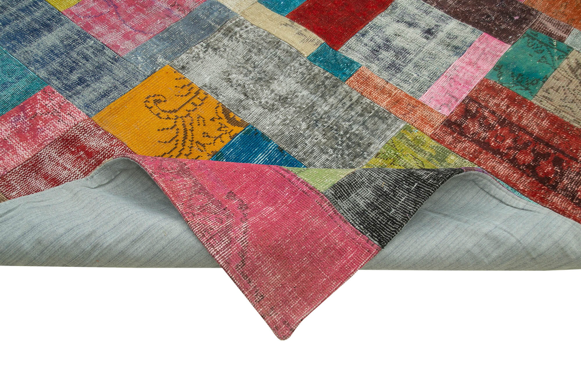 Handmade Area Rug - Blue Patchwork Wool Cotton Carpet 9'11'' x 13'5'' for Living Room