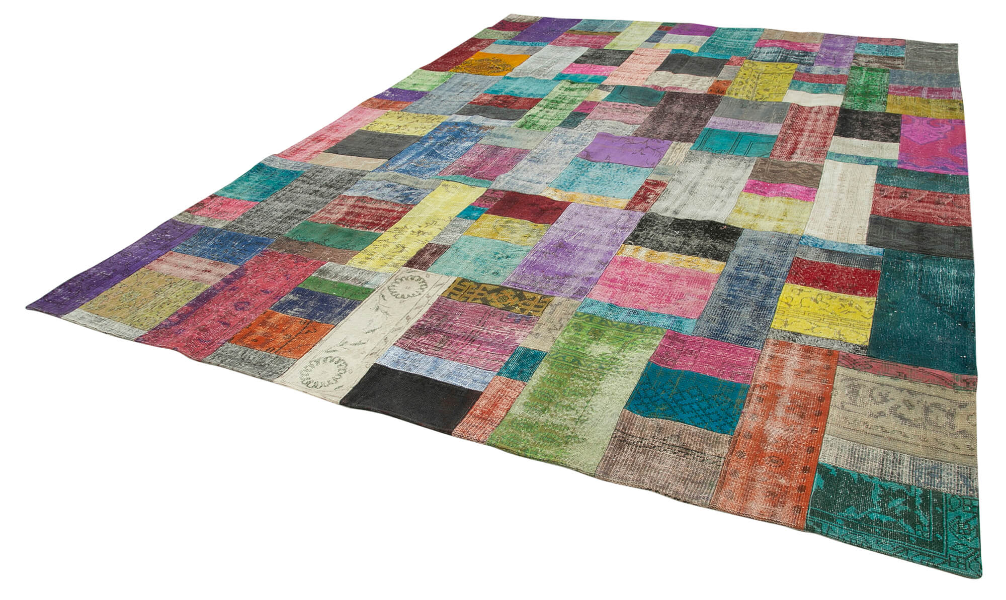 Handmade Area Rug – Blue Patchwork Wool Cotton Carpet 9'11''x13'5'' Vintage Turkish
