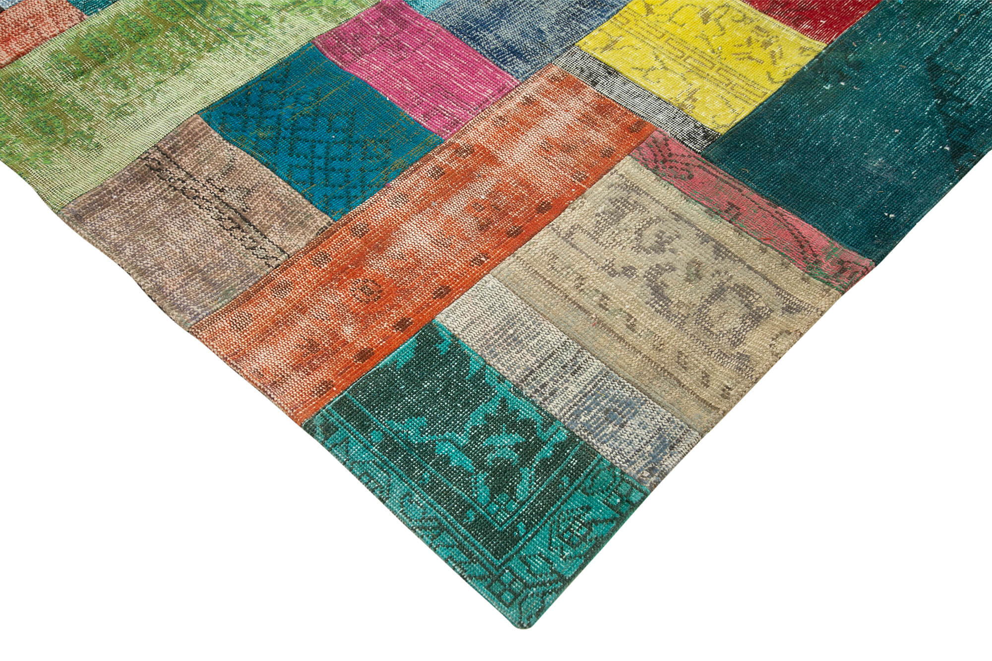 Handmade Area Rug – Blue Patchwork Wool Cotton Carpet 9'11''x13'5'' Vintage Turkish