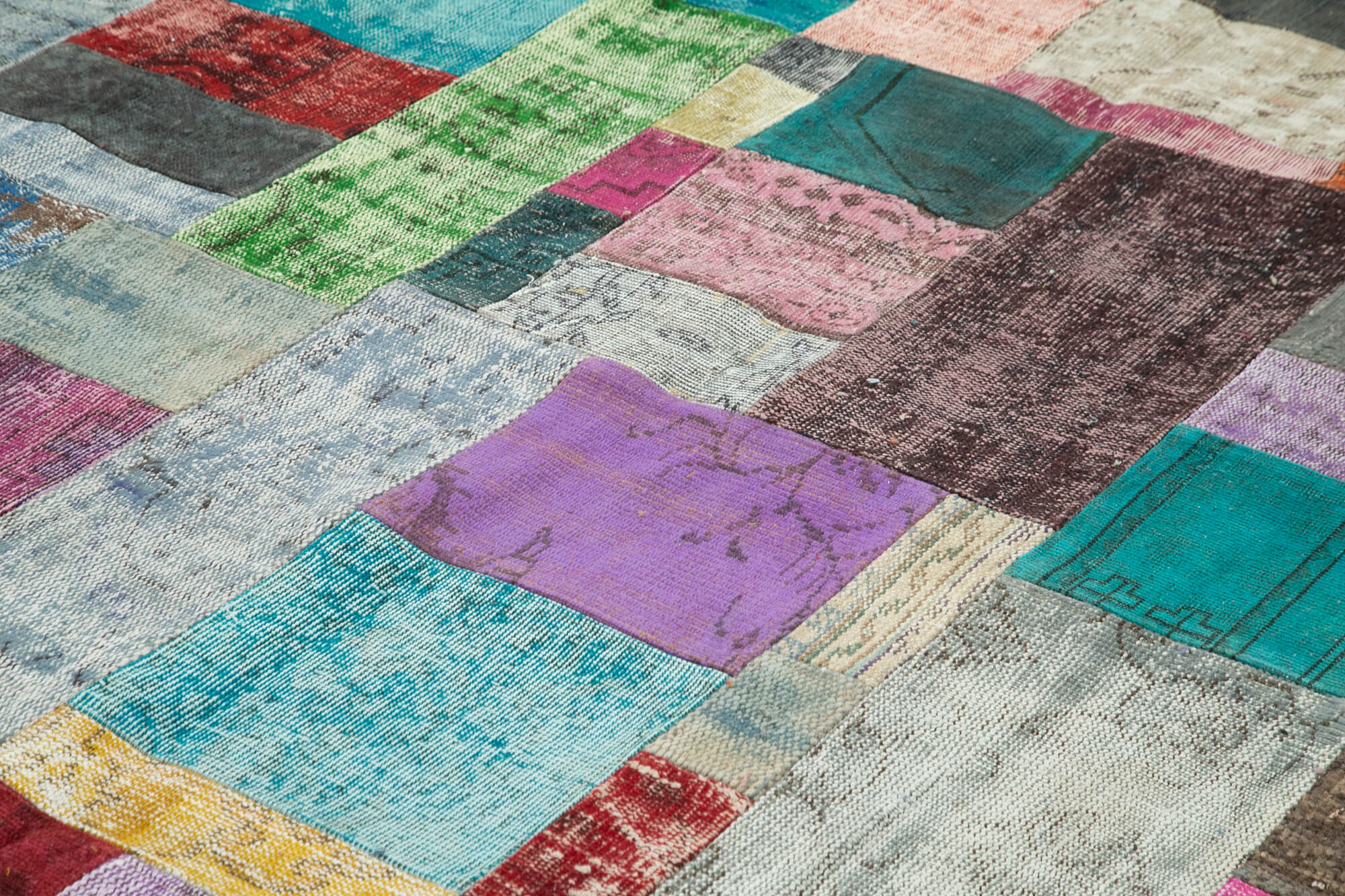 Handmade Area Rug – Blue Patchwork Wool Cotton Carpet 9'11''x13'5'' Vintage Turkish
