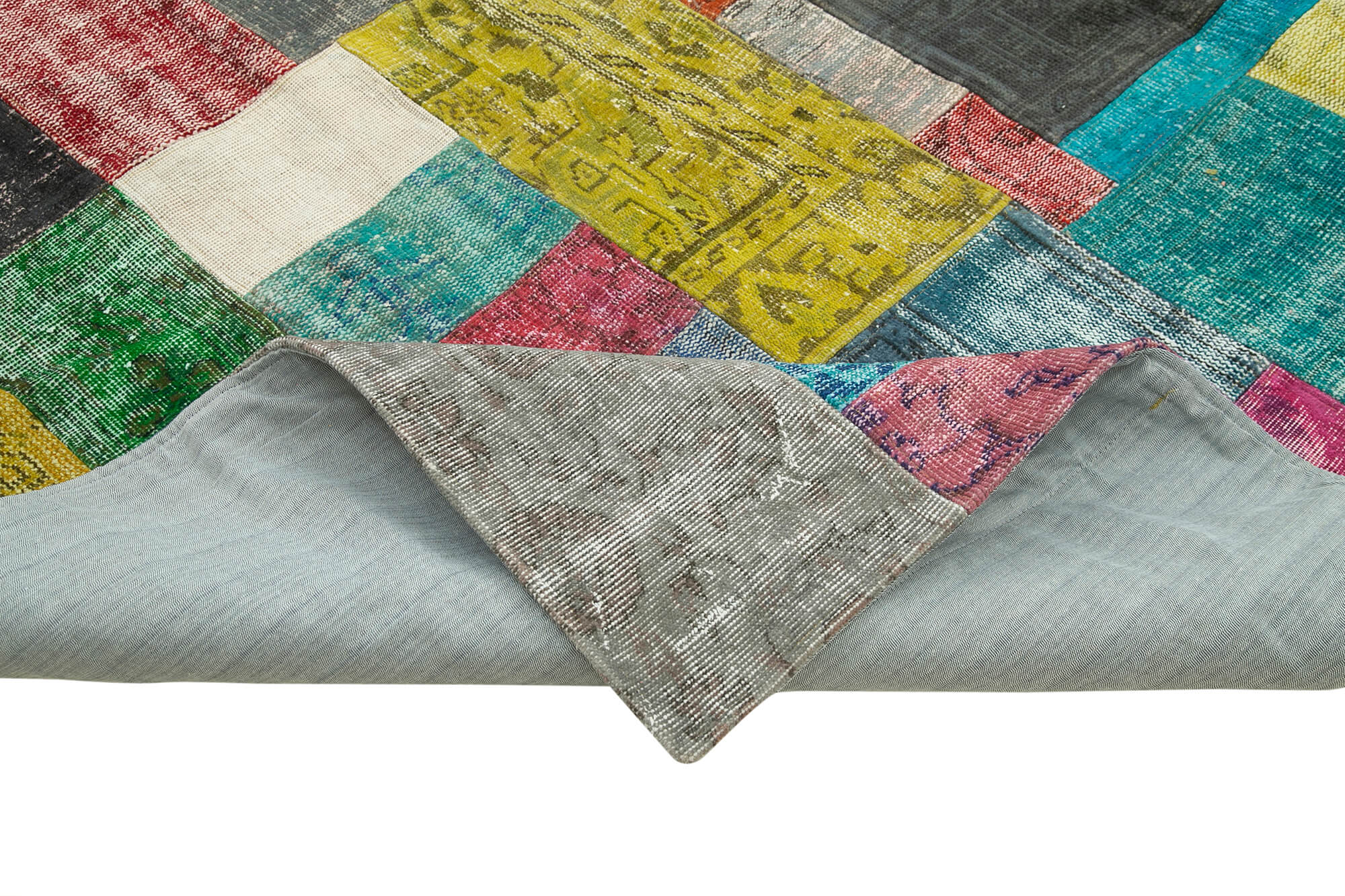 Handmade Area Rug – Blue Patchwork Wool Cotton Carpet 9'11''x13'5'' Vintage Turkish