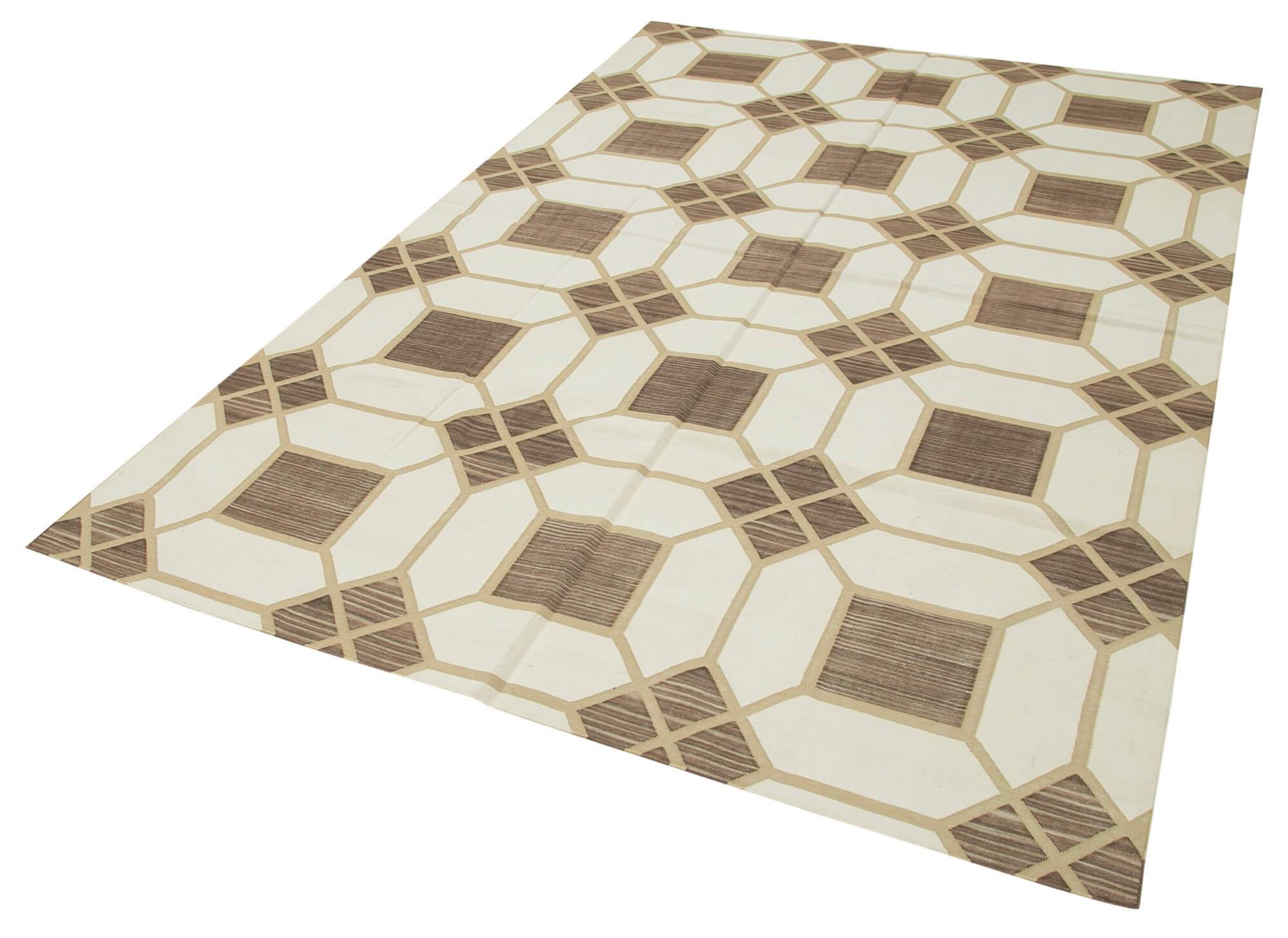 Handmade Wool Area Rug – Brown Geometric Pattern Carpet, Soft Cotton Wool Rug 5x8