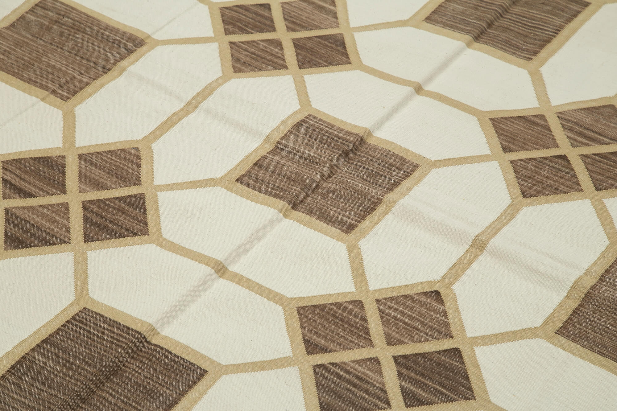 Handmade Wool Area Rug – Brown Geometric Pattern Carpet, Soft Cotton Wool Rug 5x8