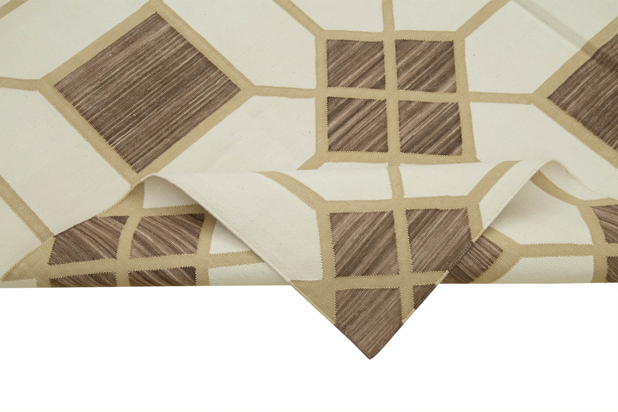 Handmade Wool Area Rug – Brown Geometric Pattern Carpet, Soft Cotton Wool Rug 5x8