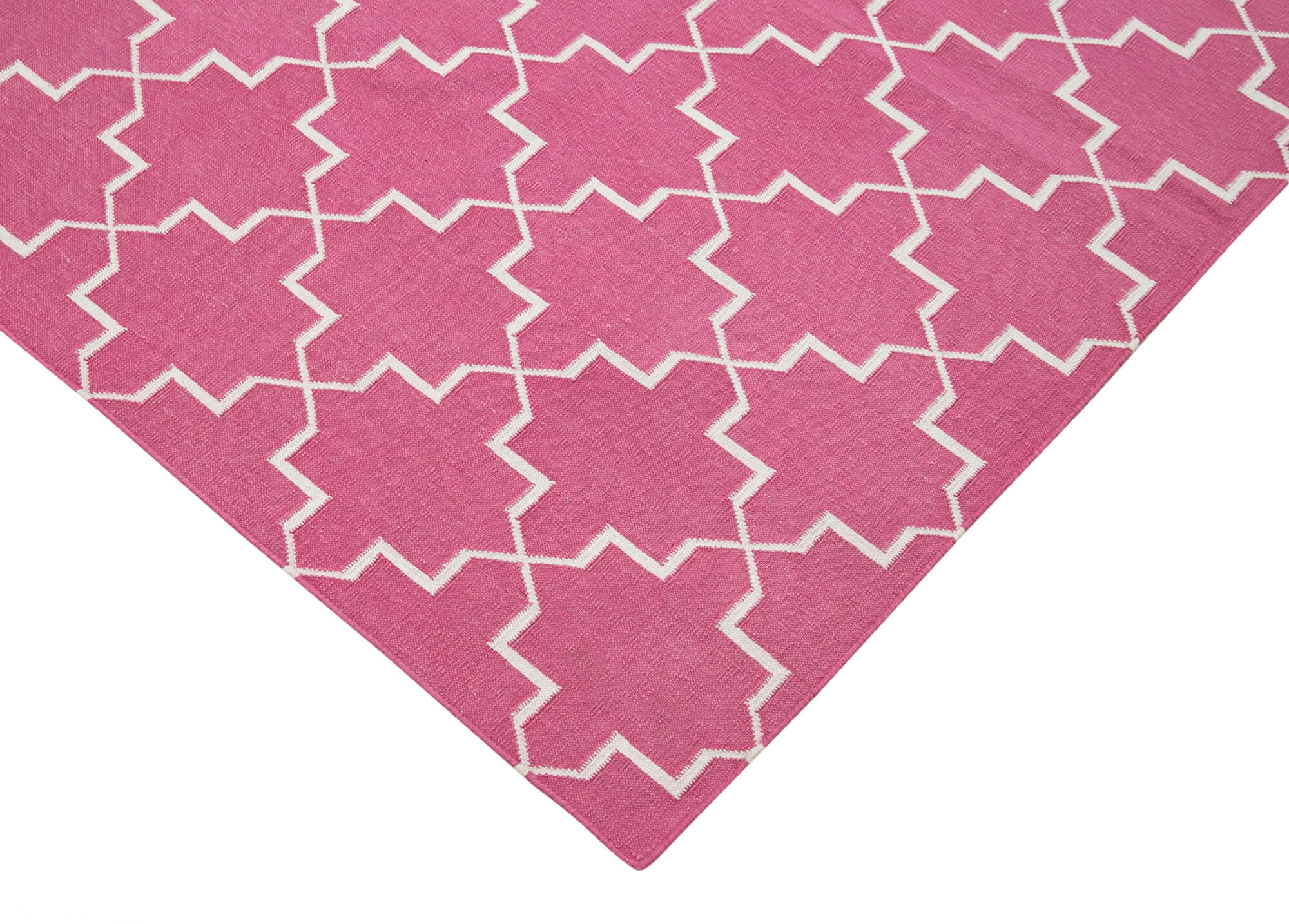 Handmade Wool Area Rug - Pink Geometric Cotton Wool Rug 6'1" x 8'11" Bohemian Style