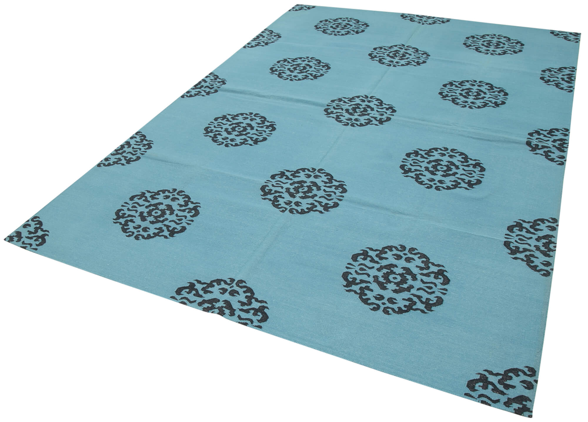 Handmade Area Rug – Geometric Turquoise Wool Cotton Rug 6'3'' x 8'11'' Bohemian Style