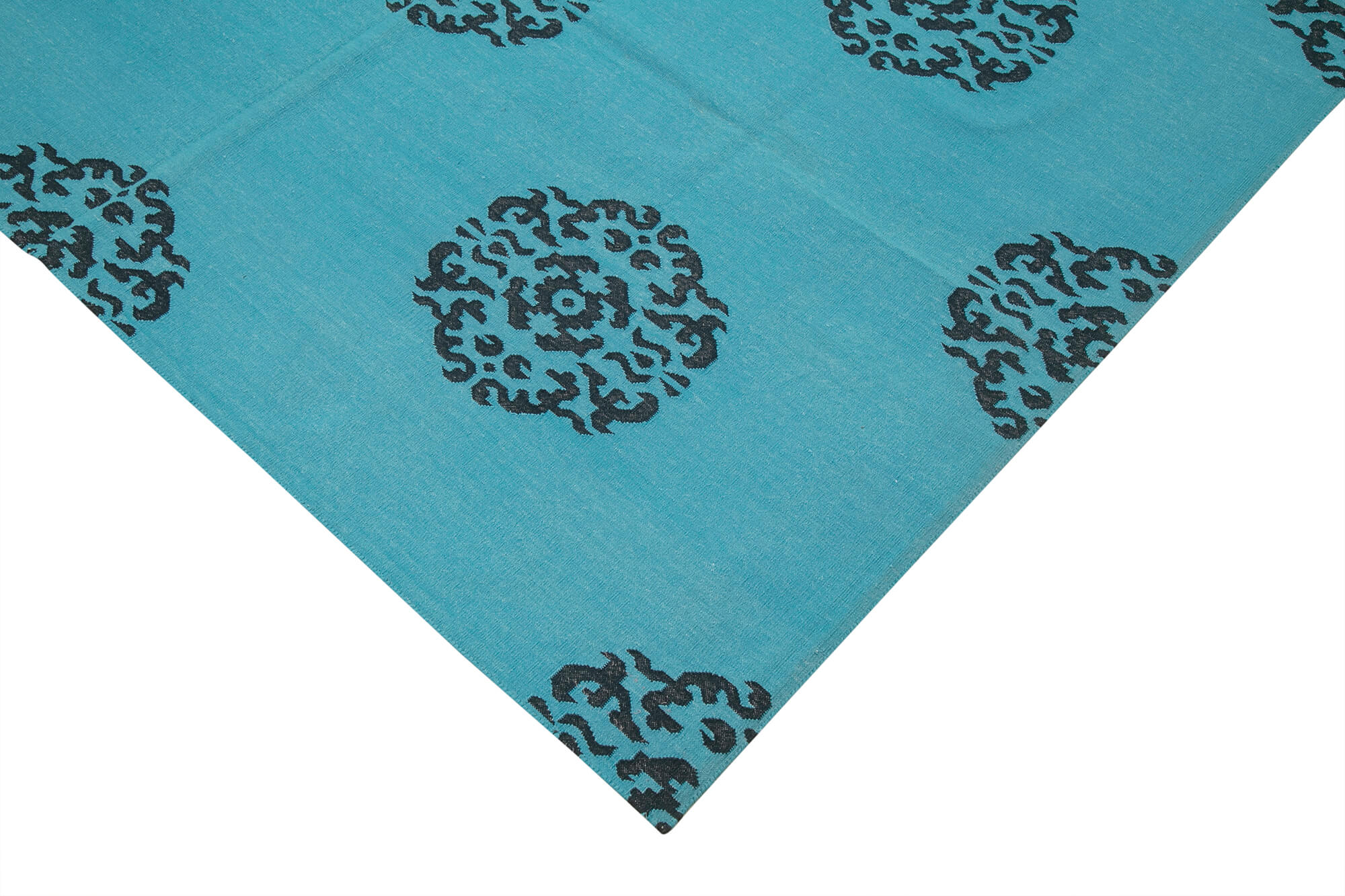 Handmade Area Rug – Geometric Turquoise Wool Cotton Rug 6'3'' x 8'11'' Bohemian Style