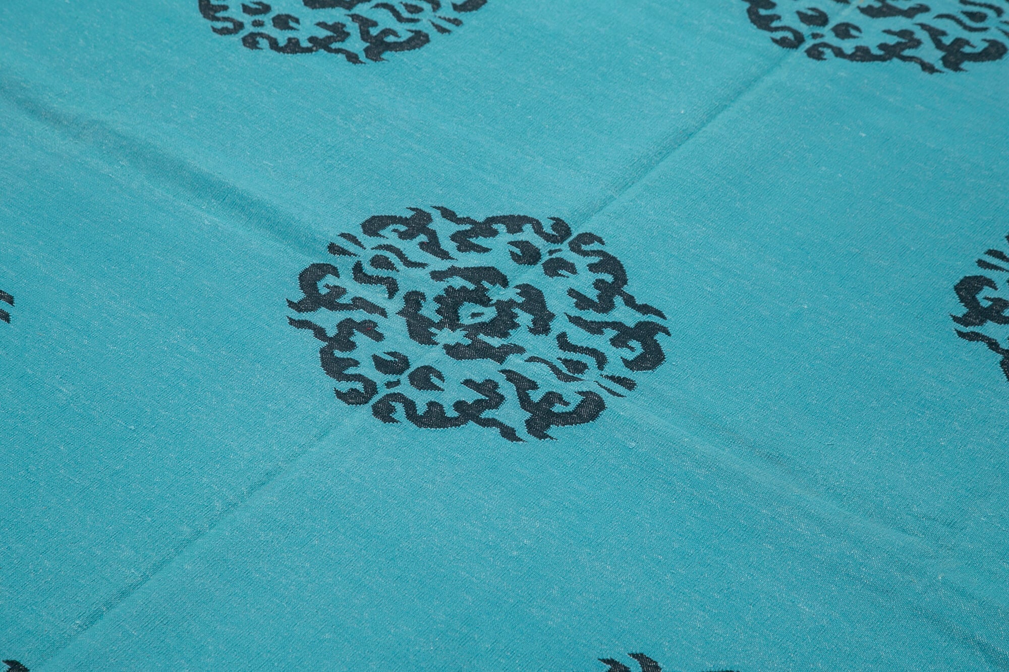 Handmade Area Rug – Geometric Turquoise Wool Cotton Rug 6'3'' x 8'11'' Bohemian Style