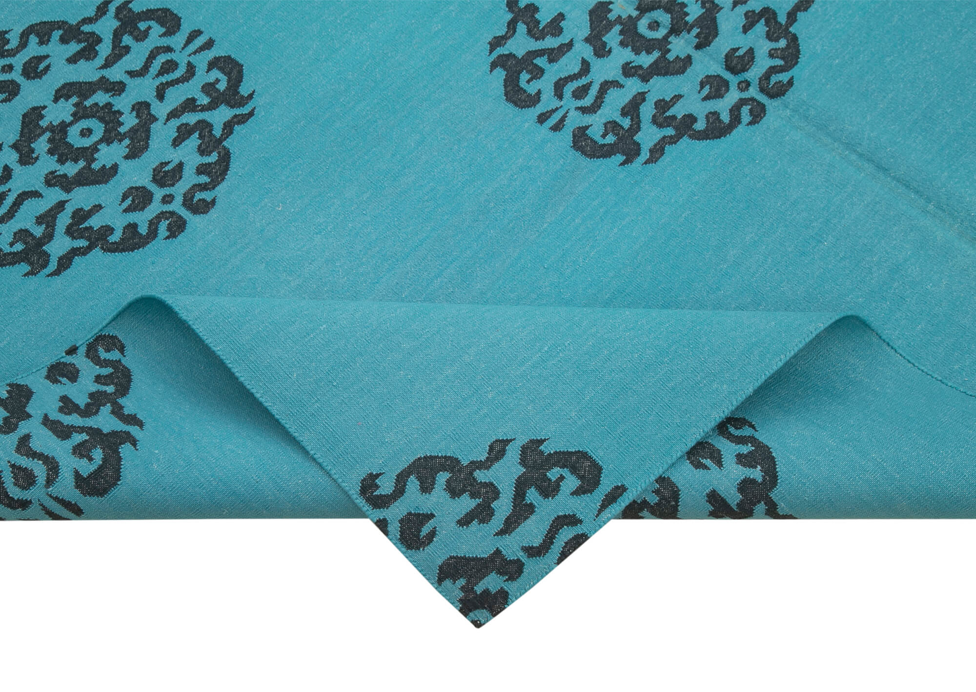 Handmade Area Rug – Geometric Turquoise Wool Cotton Rug 6'3'' x 8'11'' Bohemian Style