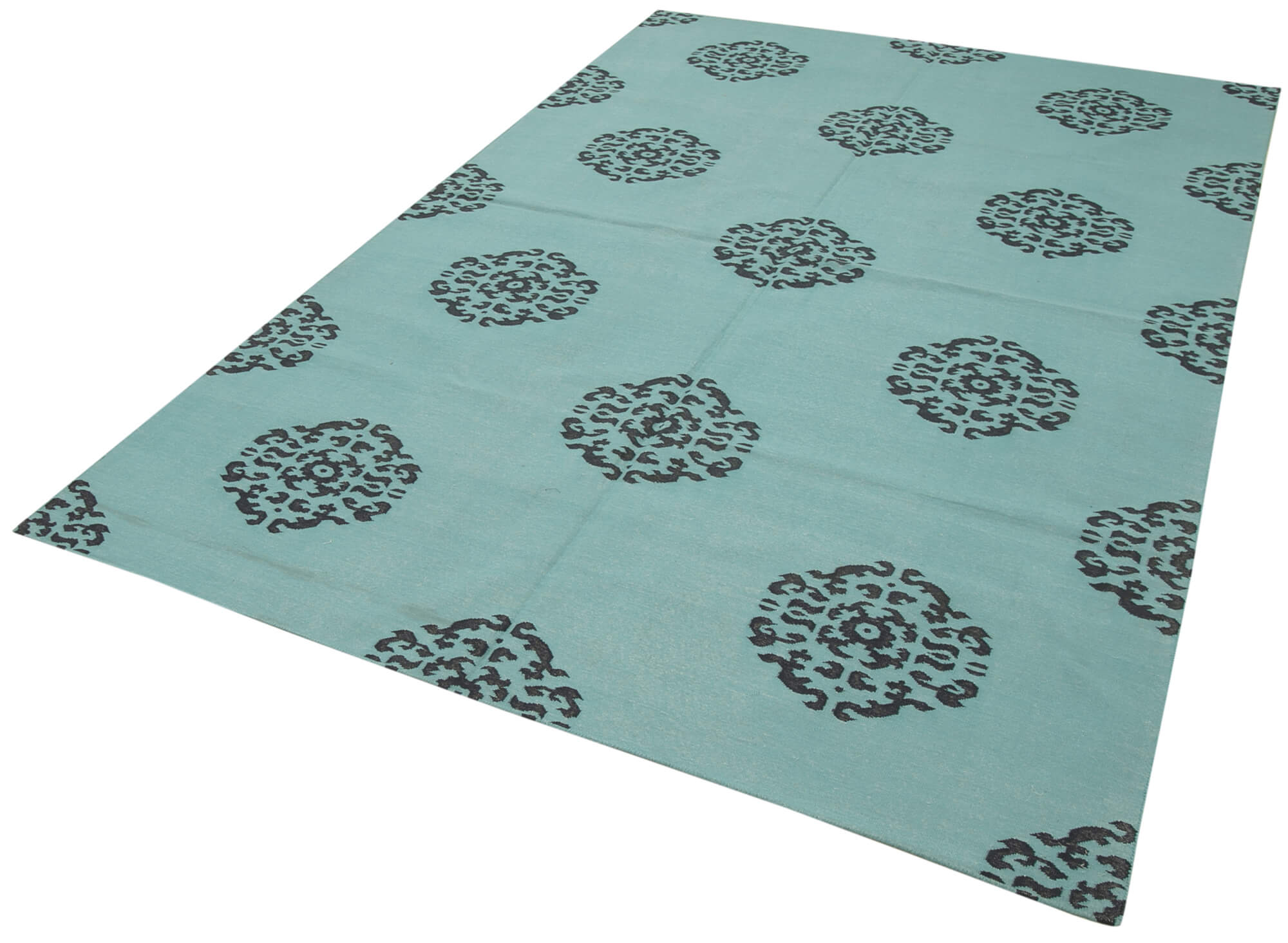 Handmade Wool Area Rug – Turquoise Geometric Pattern Cotton Wool Carpet 5'10''x8'9''