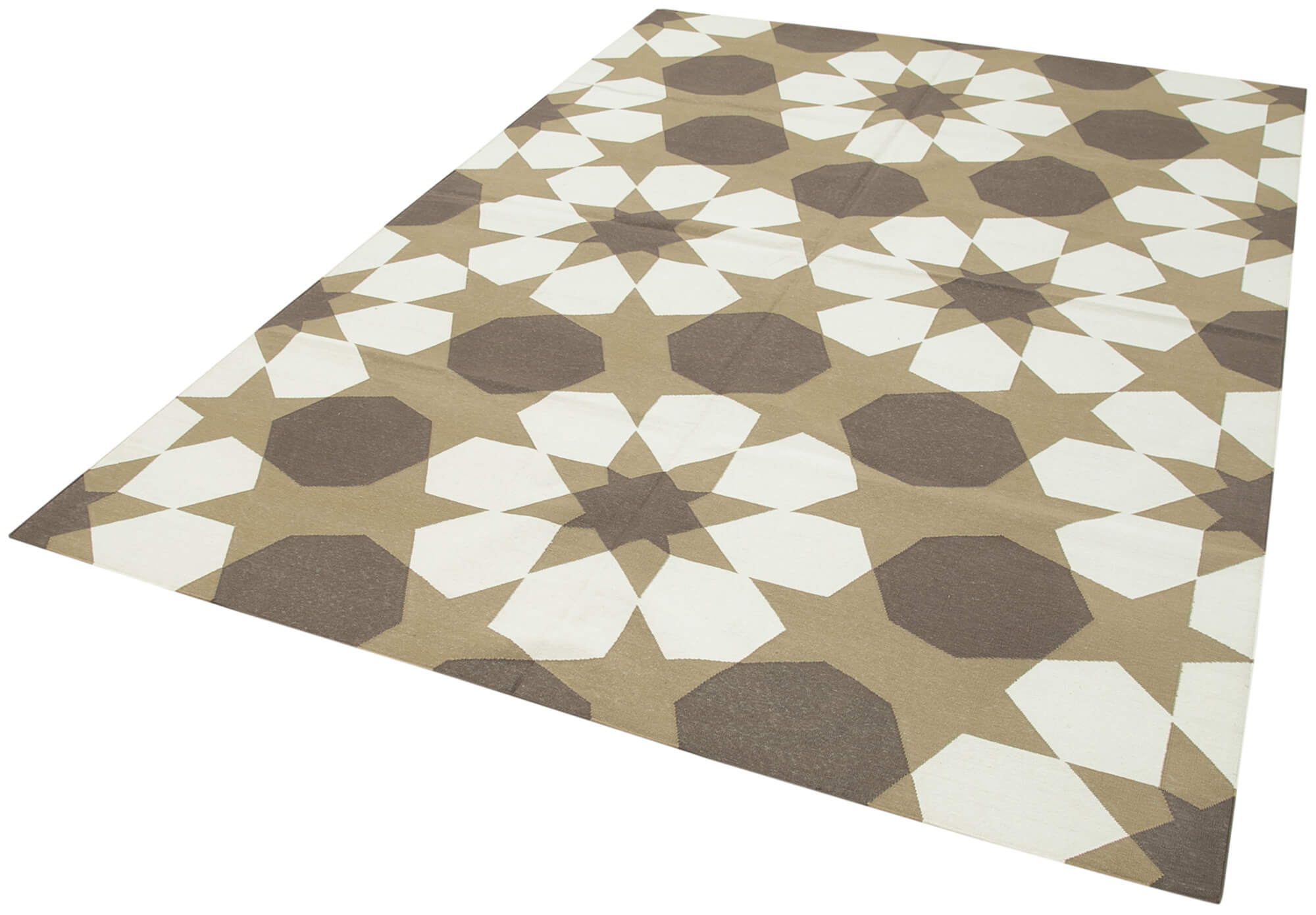 Handmade Area Rug - Brown Geometric Cotton Wool Vintage Turkish Carpet 6'2''x8'9''