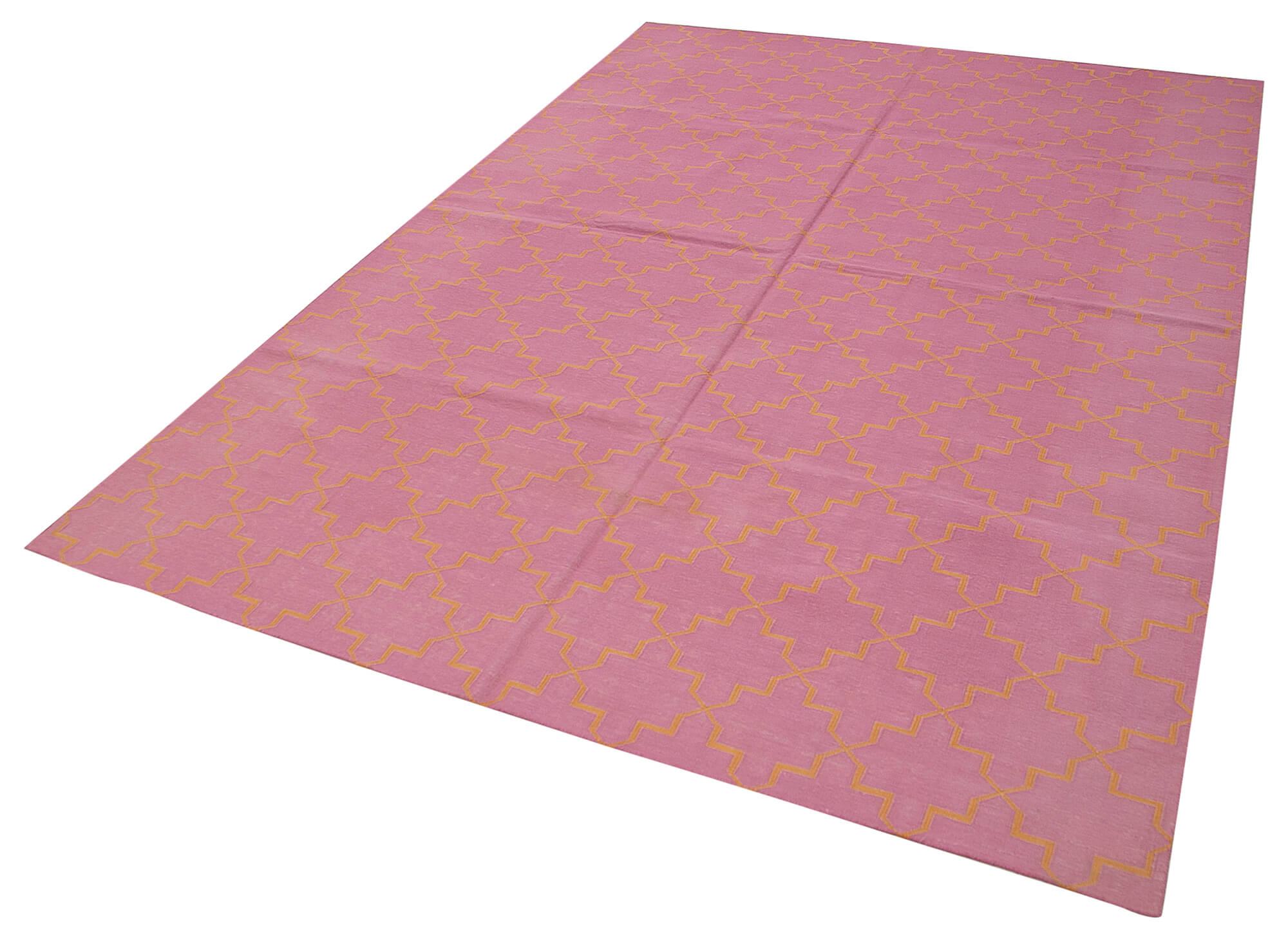 Handmade Area Rug - Pink Geometric Cotton Wool Vintage Handwoven Carpet 6'2''x8'10''