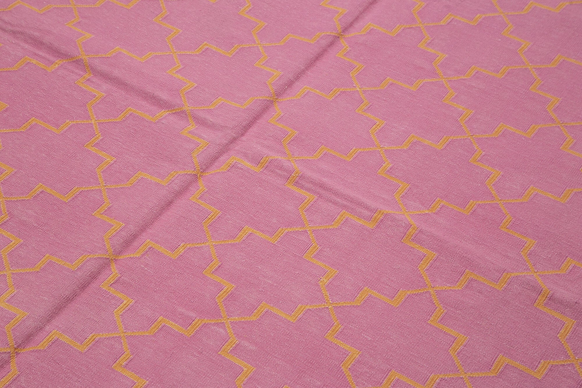 Handmade Area Rug - Pink Geometric Cotton Wool Vintage Handwoven Carpet 6'2''x8'10''