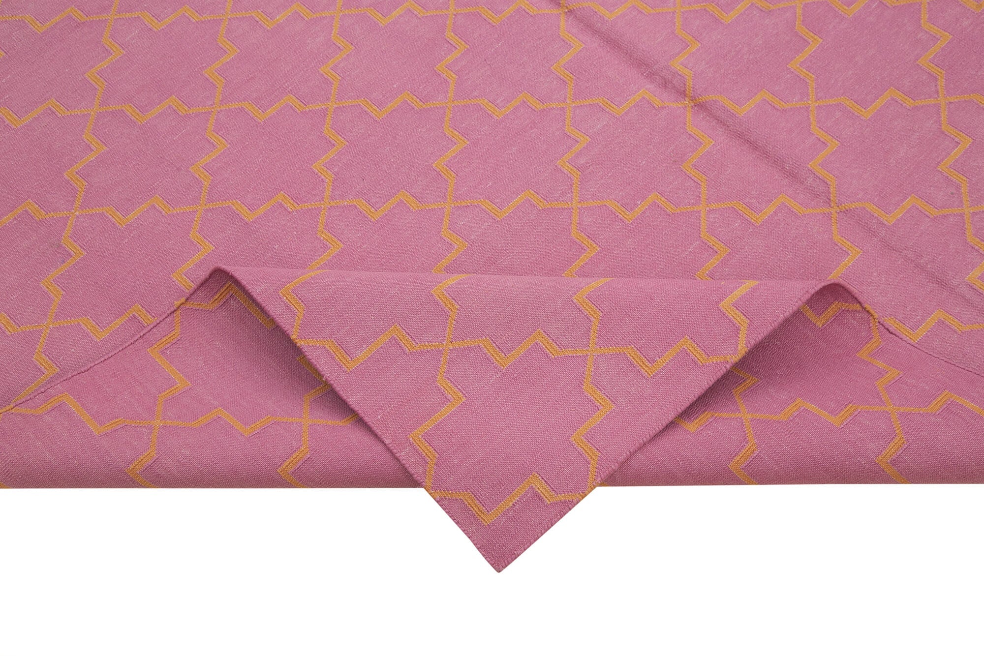 Handmade Area Rug - Pink Geometric Cotton Wool Vintage Handwoven Carpet 6'2''x8'10''