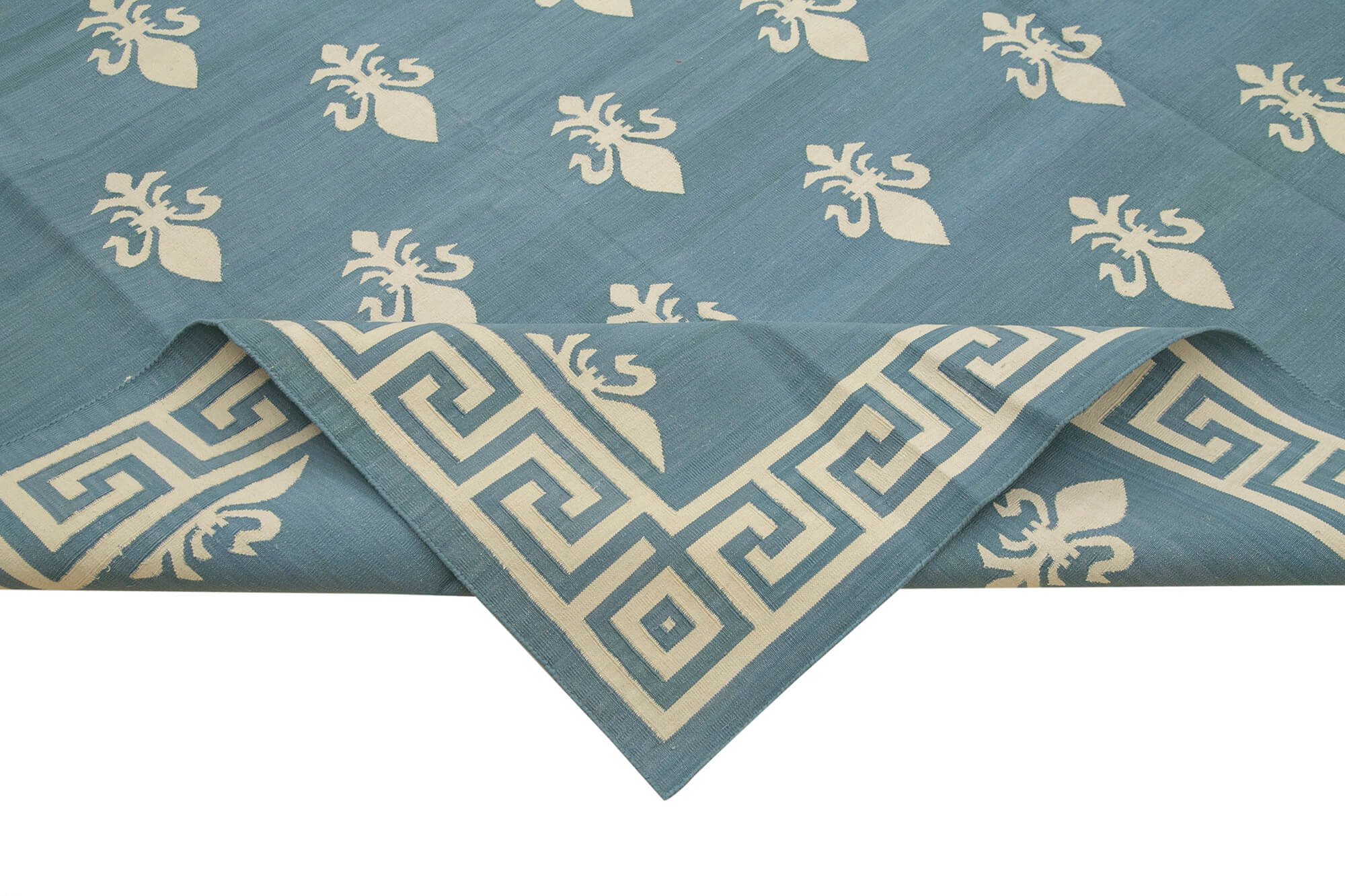 Handmade Area Rug - Blue Geometric Cotton Wool Rug, Durable Turkish Wool Carpet 10'2"x14'0"