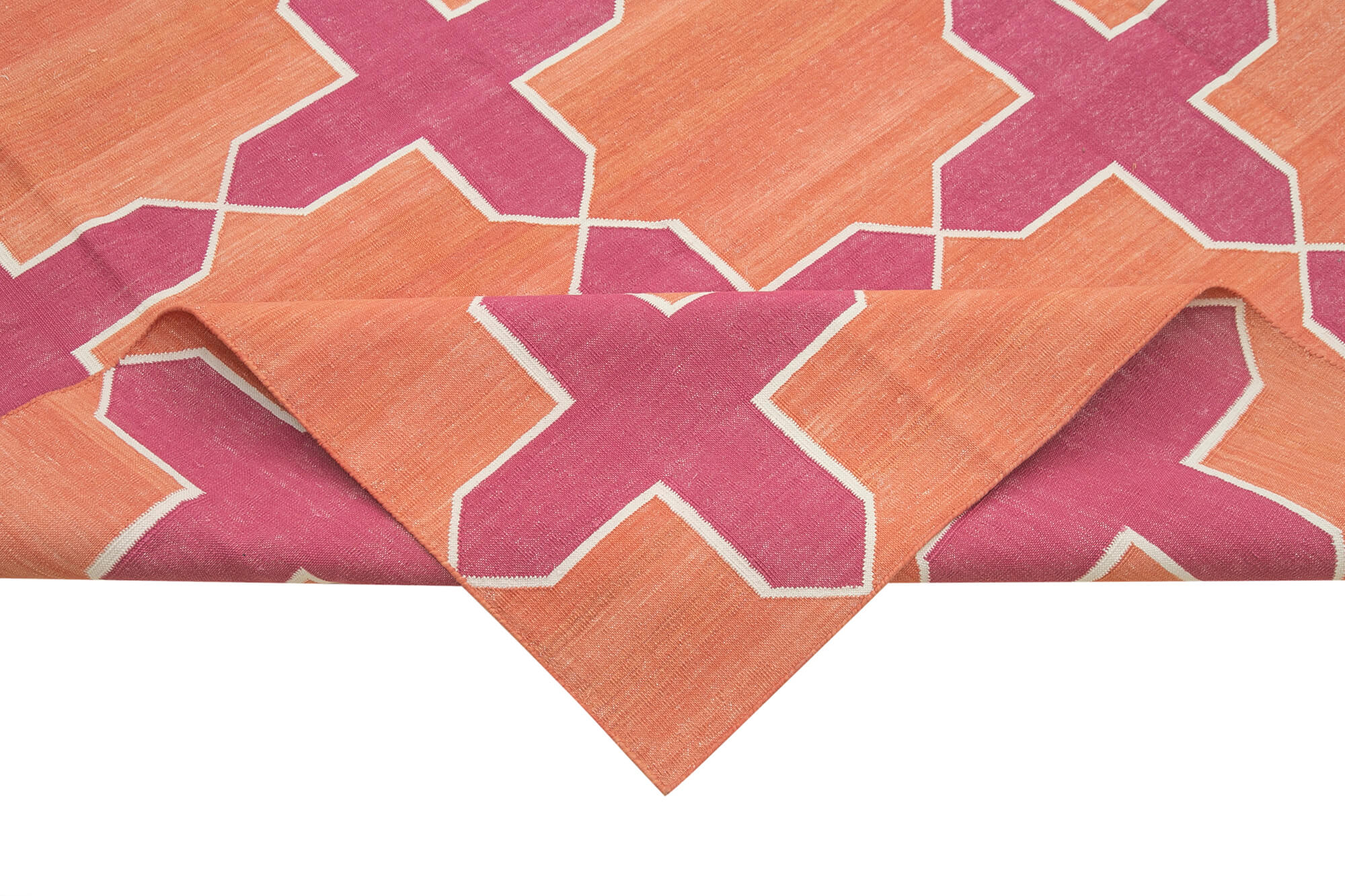 Handmade Area Rug - Orange Geometric Cotton Wool Vintage Hand Woven Rug 10'4" x 14'1"