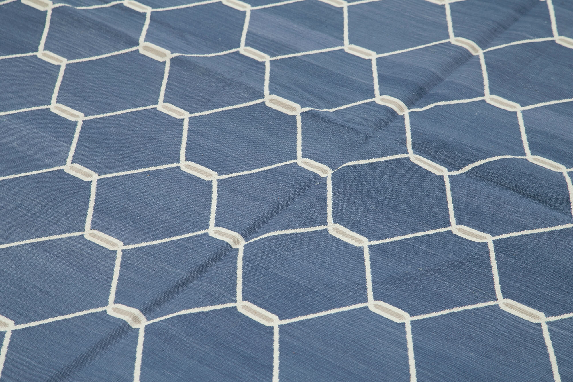 Handmade Area Rug - Blue Geometric Cotton Wool Turkish Handwoven Carpet 9'11" x 13'11"