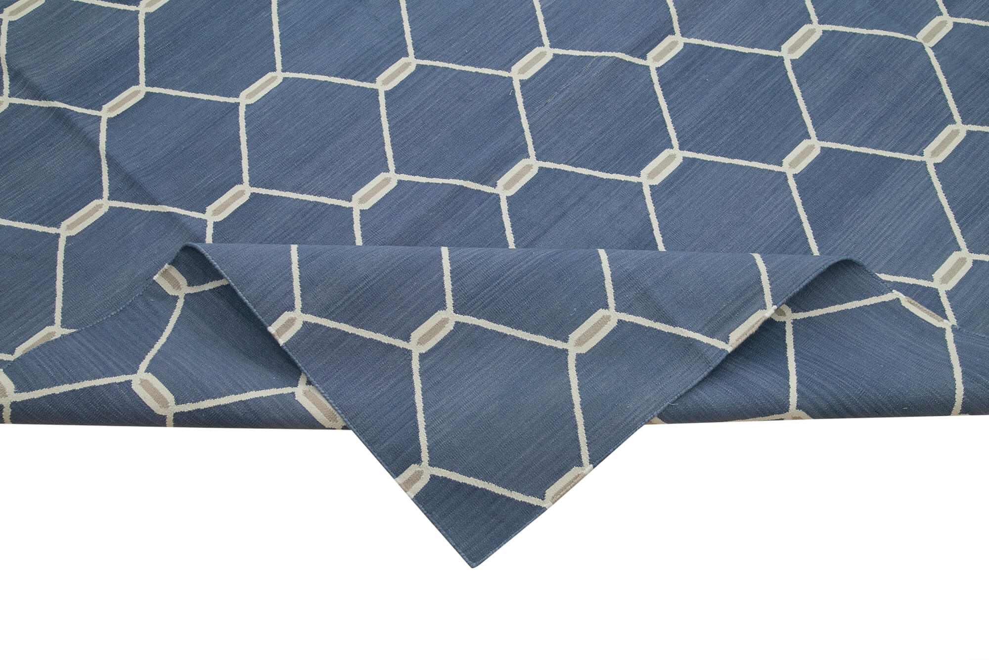 Handmade Area Rug - Blue Geometric Cotton Wool Turkish Handwoven Carpet 9'11" x 13'11"