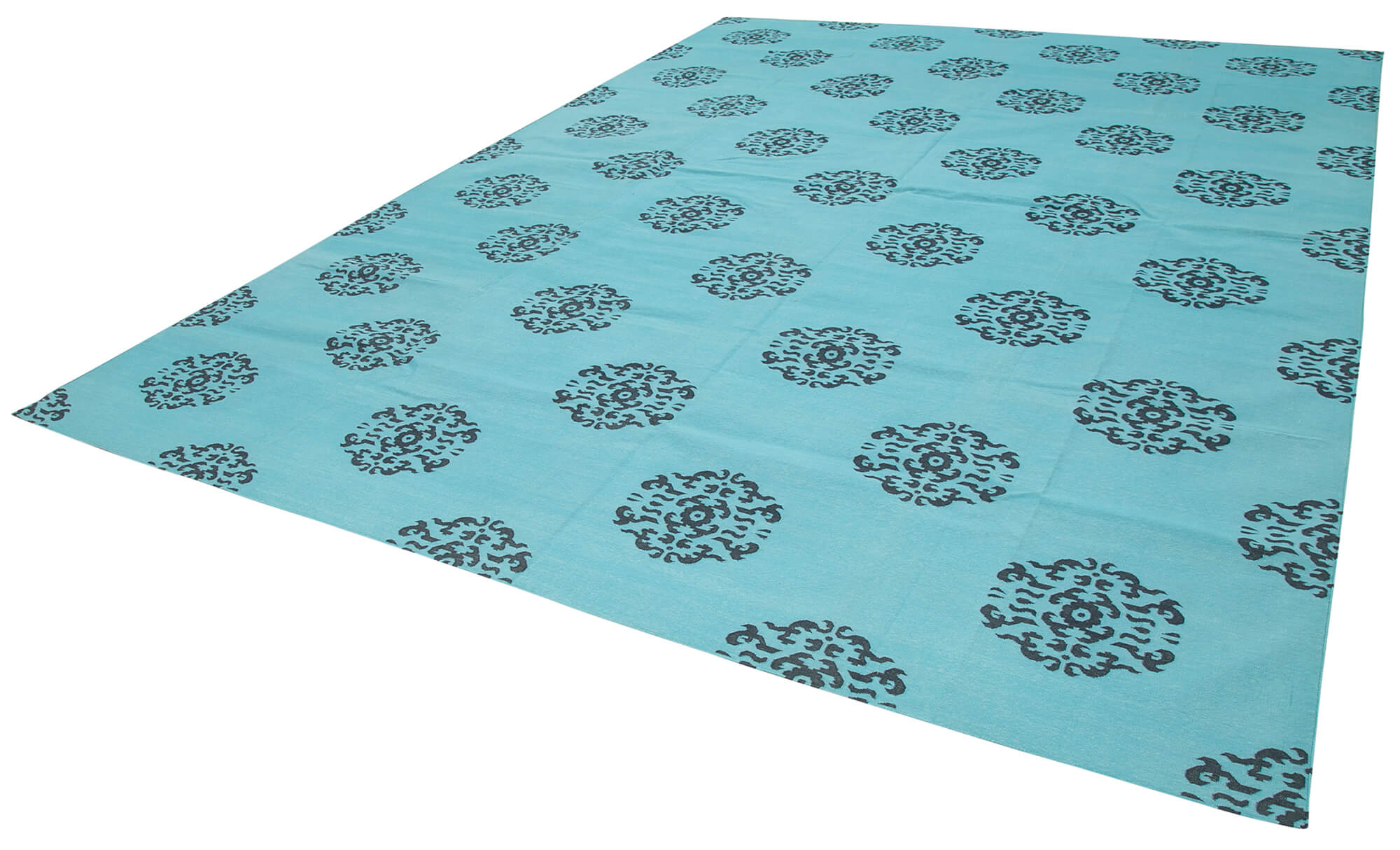 Handmade Area Rug - Turquoise Geometric Cotton Wool Vintage Turkish Carpet 10'3"x13'7"
