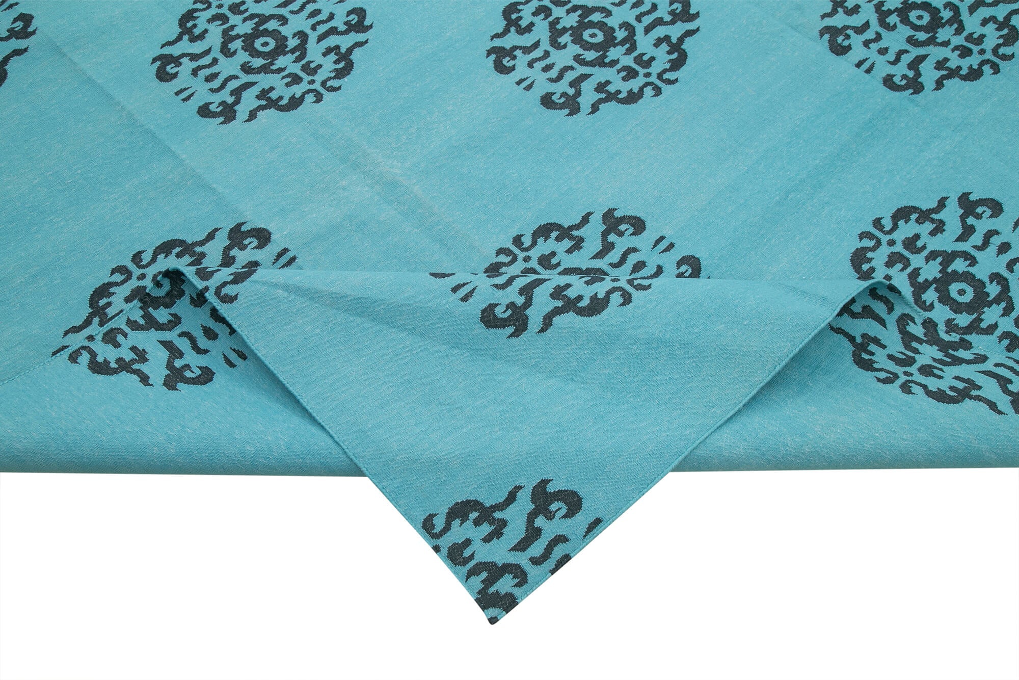 Handmade Area Rug - Turquoise Geometric Cotton Wool Vintage Turkish Carpet 10'3"x13'7"
