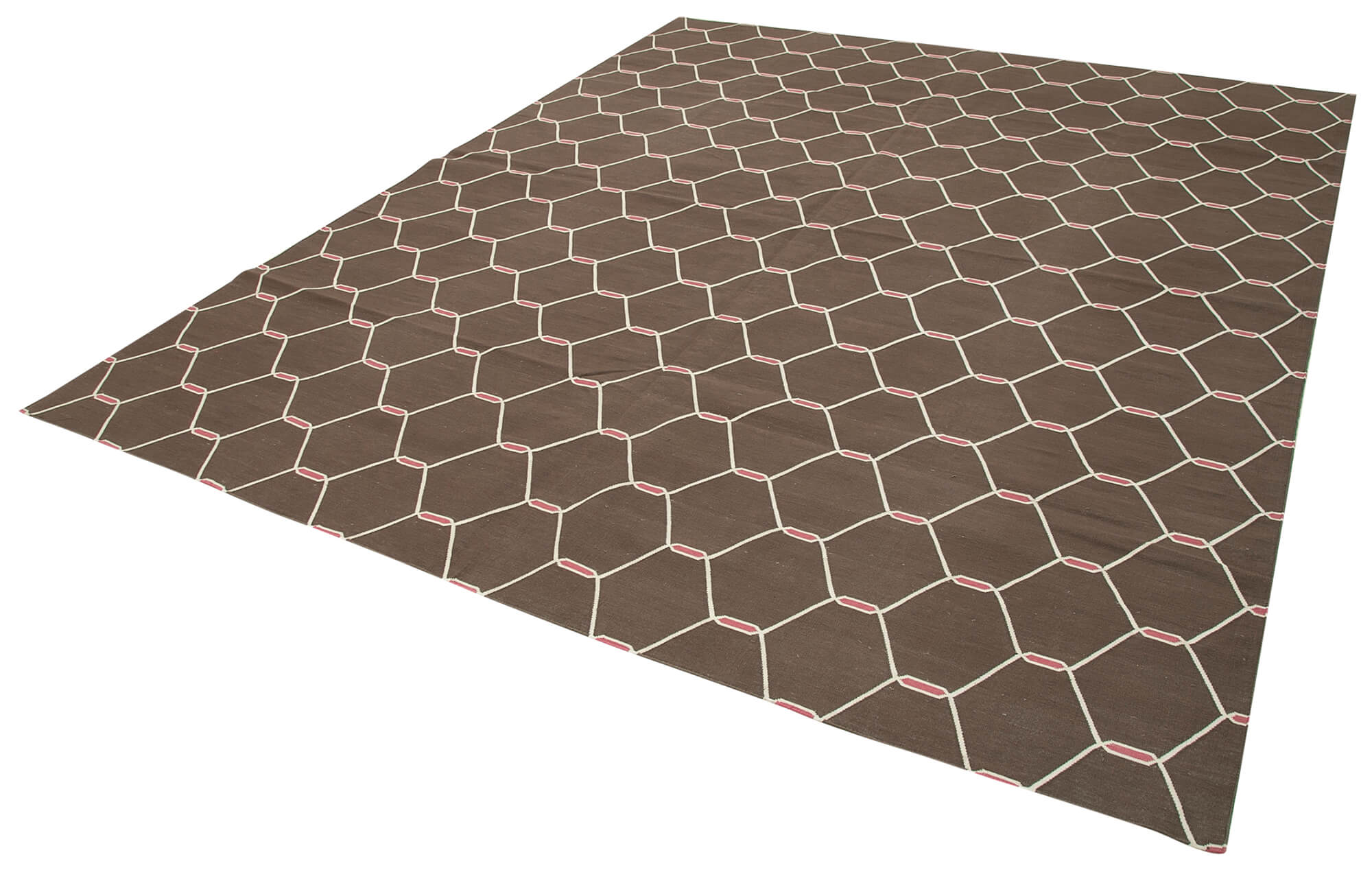 Handmade Wool Area Rug - Brown Geometric Pattern Rug, Durable Cotton Weave, 8'1"x9'9"