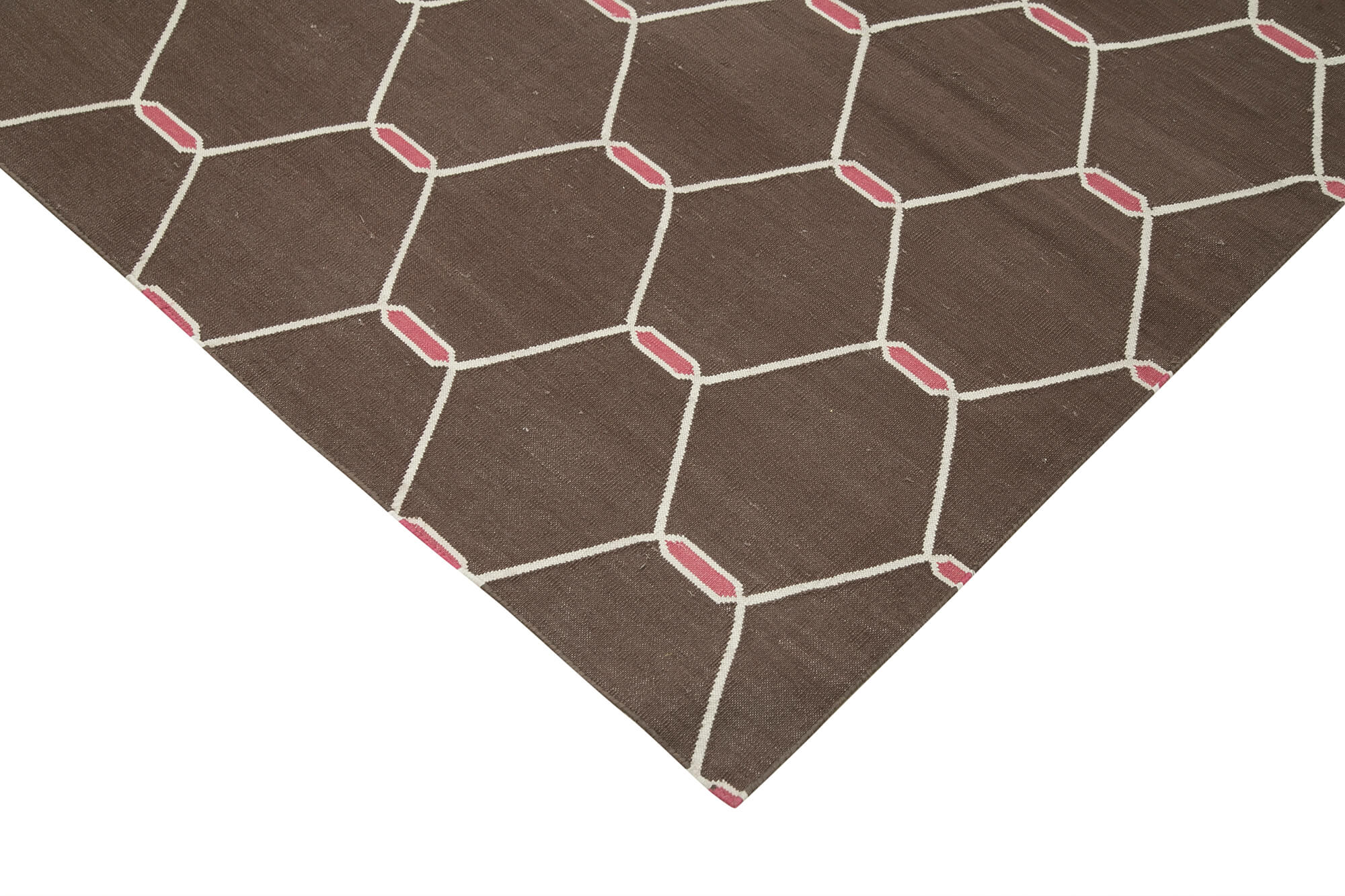 Handmade Wool Area Rug - Brown Geometric Pattern Rug, Durable Cotton Weave, 8'1"x9'9"