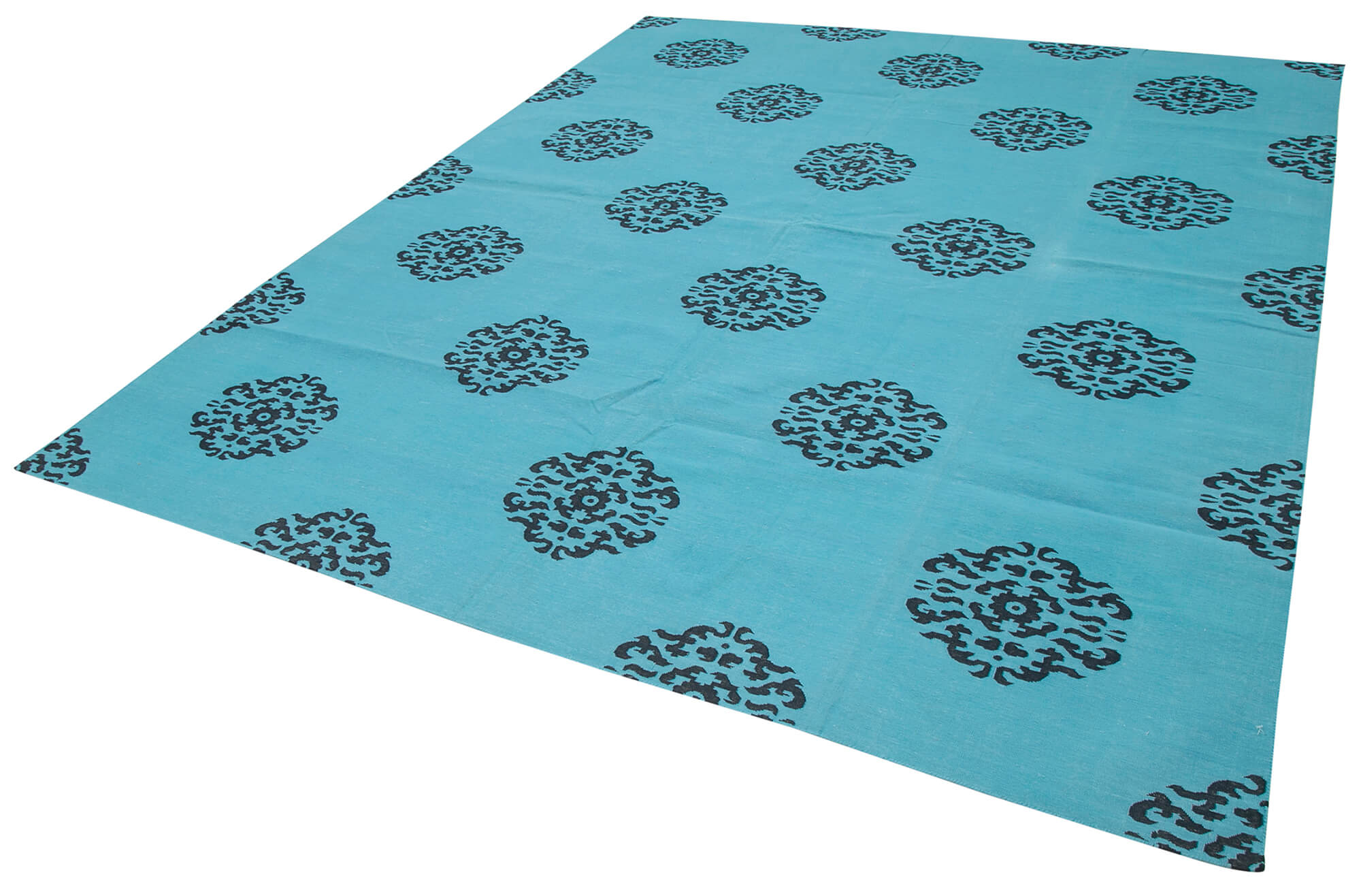 Handmade Area Rug - Turquoise Geometric Cotton Wool Rug 8'x9'10'' Flat Weave