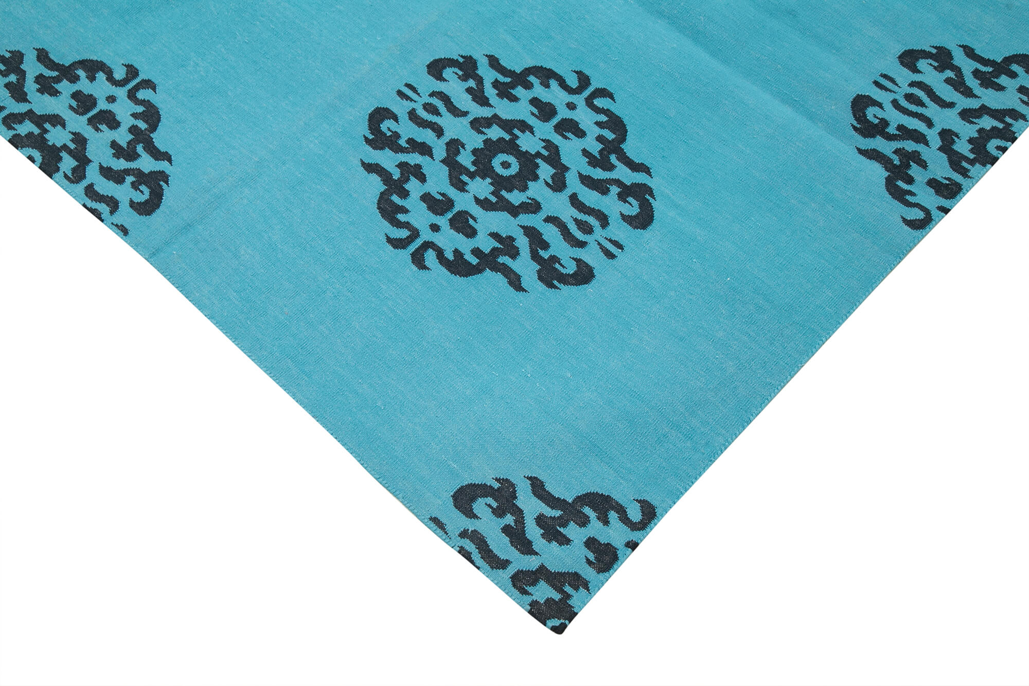 Handmade Area Rug - Turquoise Geometric Cotton Wool Rug 8'x9'10'' Flat Weave