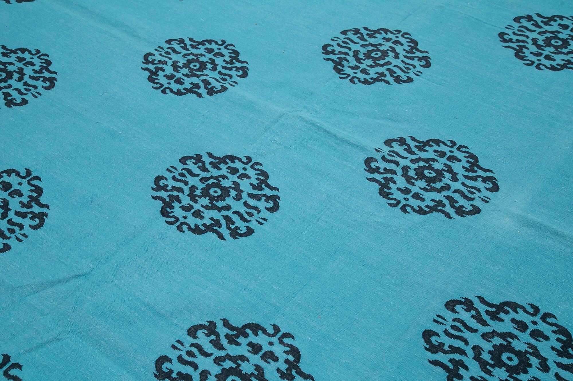 Handmade Area Rug - Turquoise Geometric Cotton Wool Rug 8'x9'10'' Flat Weave