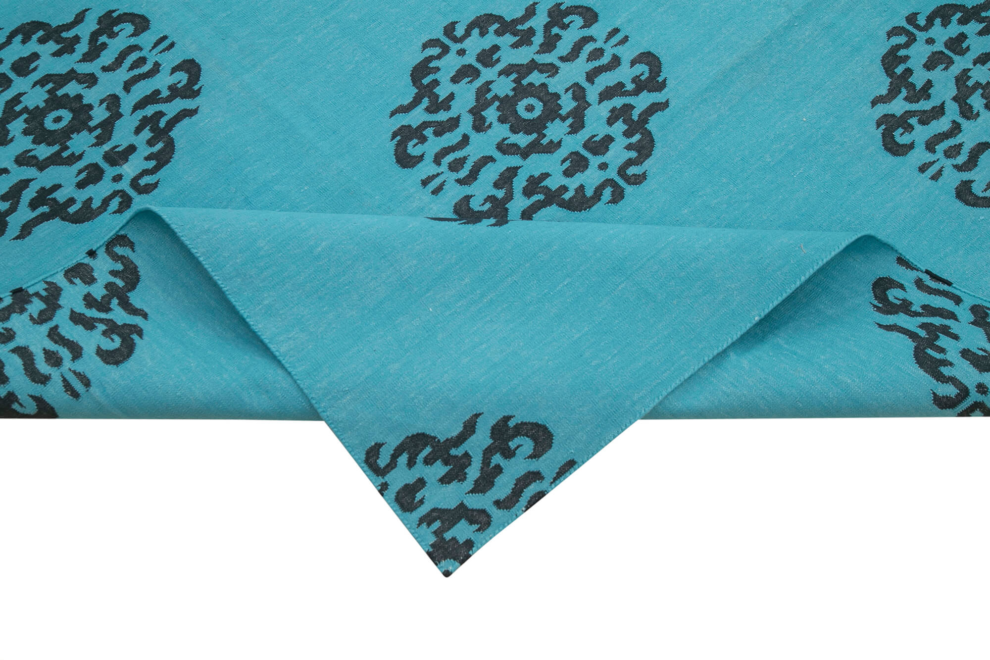 Handmade Area Rug - Turquoise Geometric Cotton Wool Rug 8'x9'10'' Flat Weave