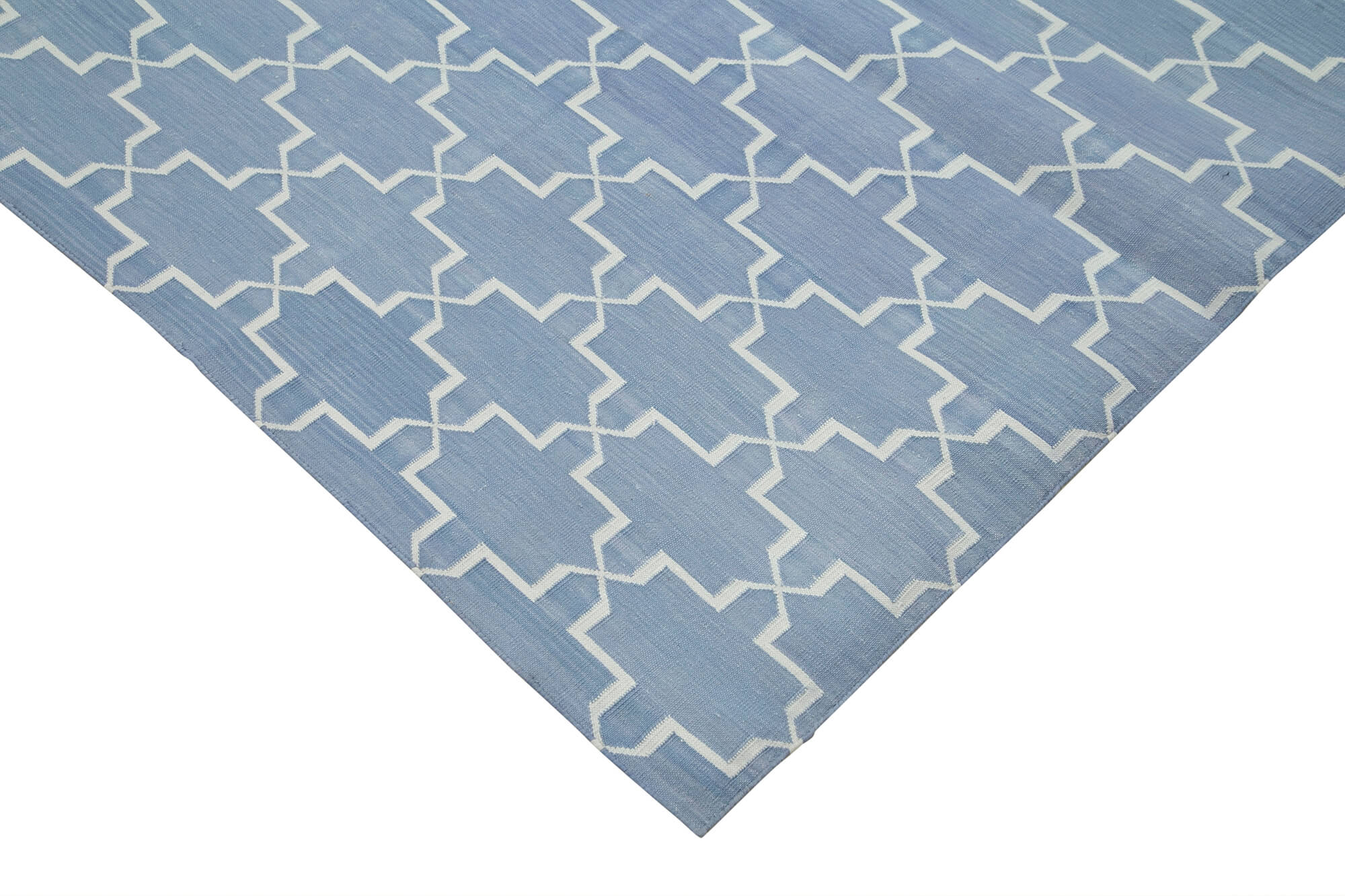 Handmade Area Rug - Blue Geometric Cotton Wool Vintage Handwoven Carpet 8'2''x10'