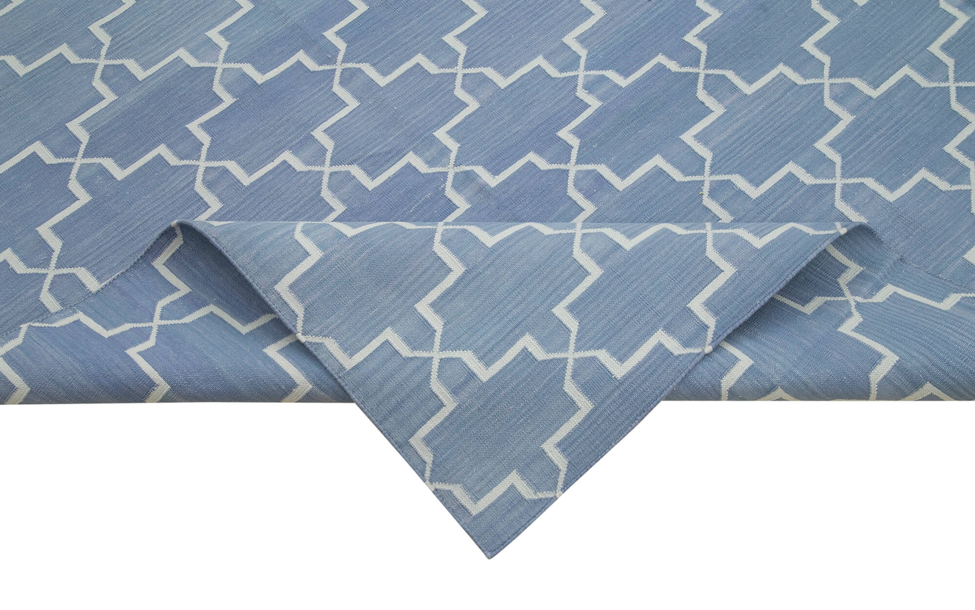 Handmade Area Rug - Blue Geometric Cotton Wool Vintage Handwoven Carpet 8'2''x10'