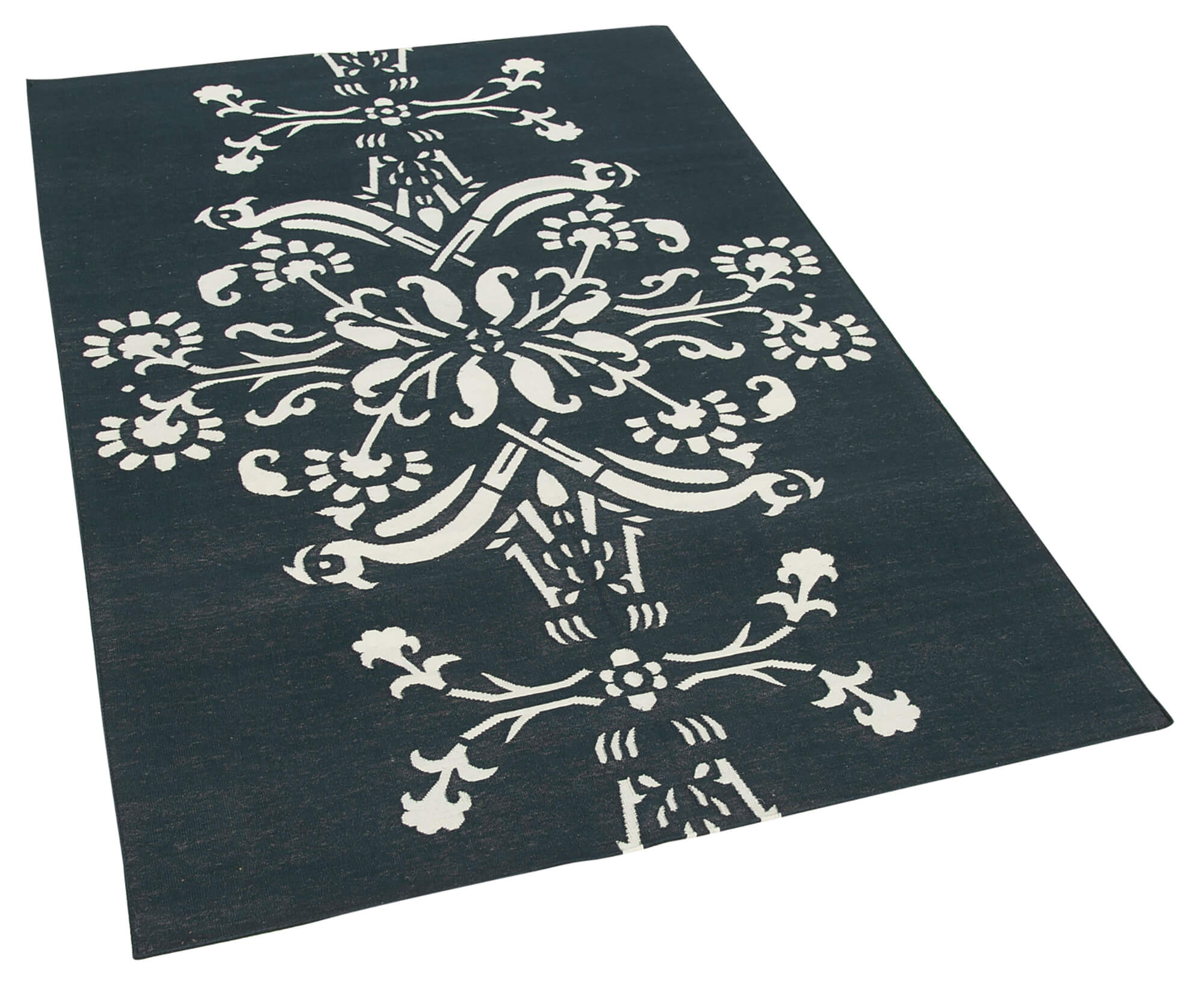 Handmade Area Rug - Black Geometric Cotton Wool Vintage Hand Woven Carpet 3'7"x5'5"