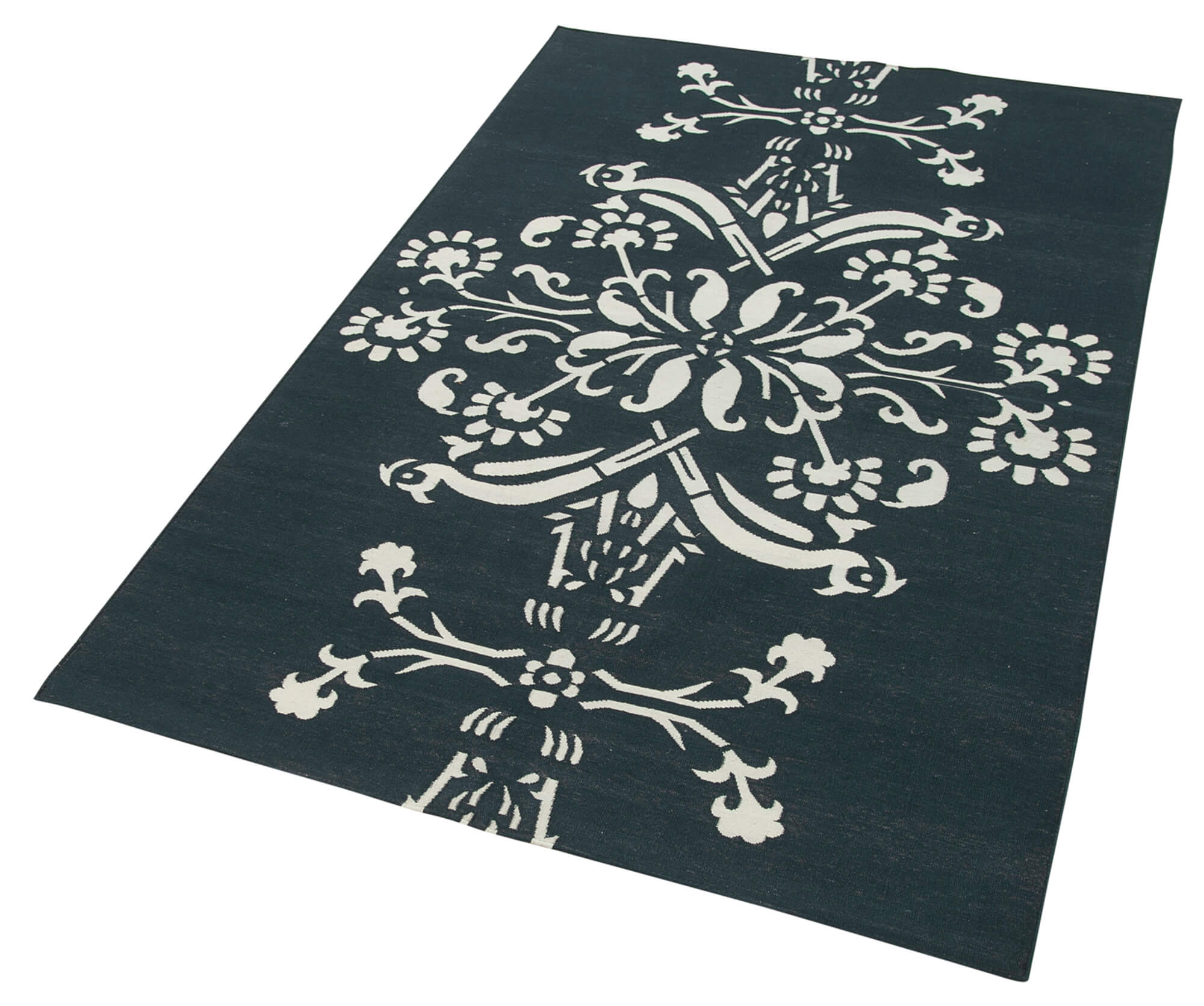 Handmade Area Rug - Black Geometric Cotton Wool Vintage Hand Woven Carpet 3'7"x5'5"
