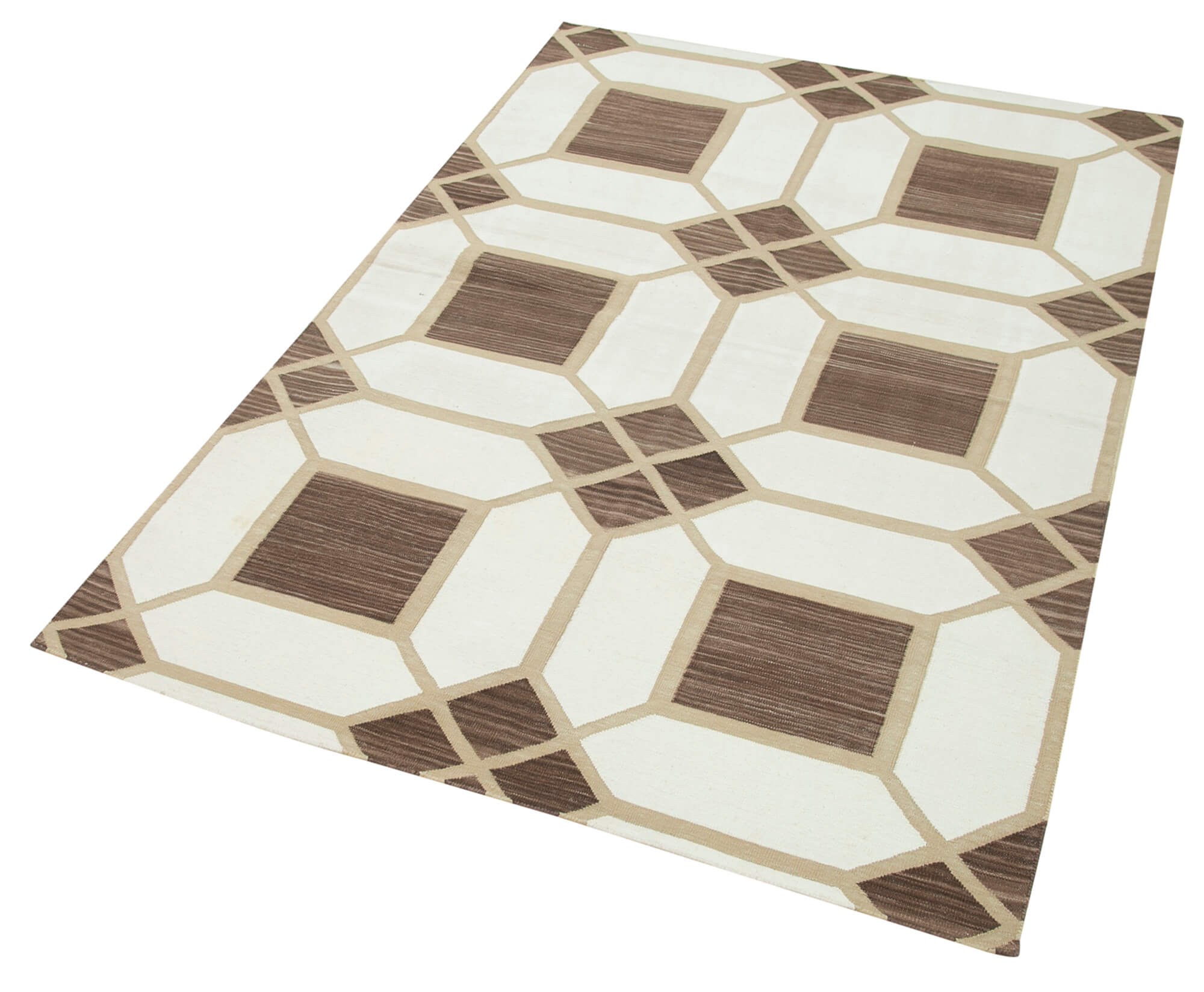 Handmade Wool Area Rug - Beige Geometric Design Cotton Wool Rug 3x5 Feet