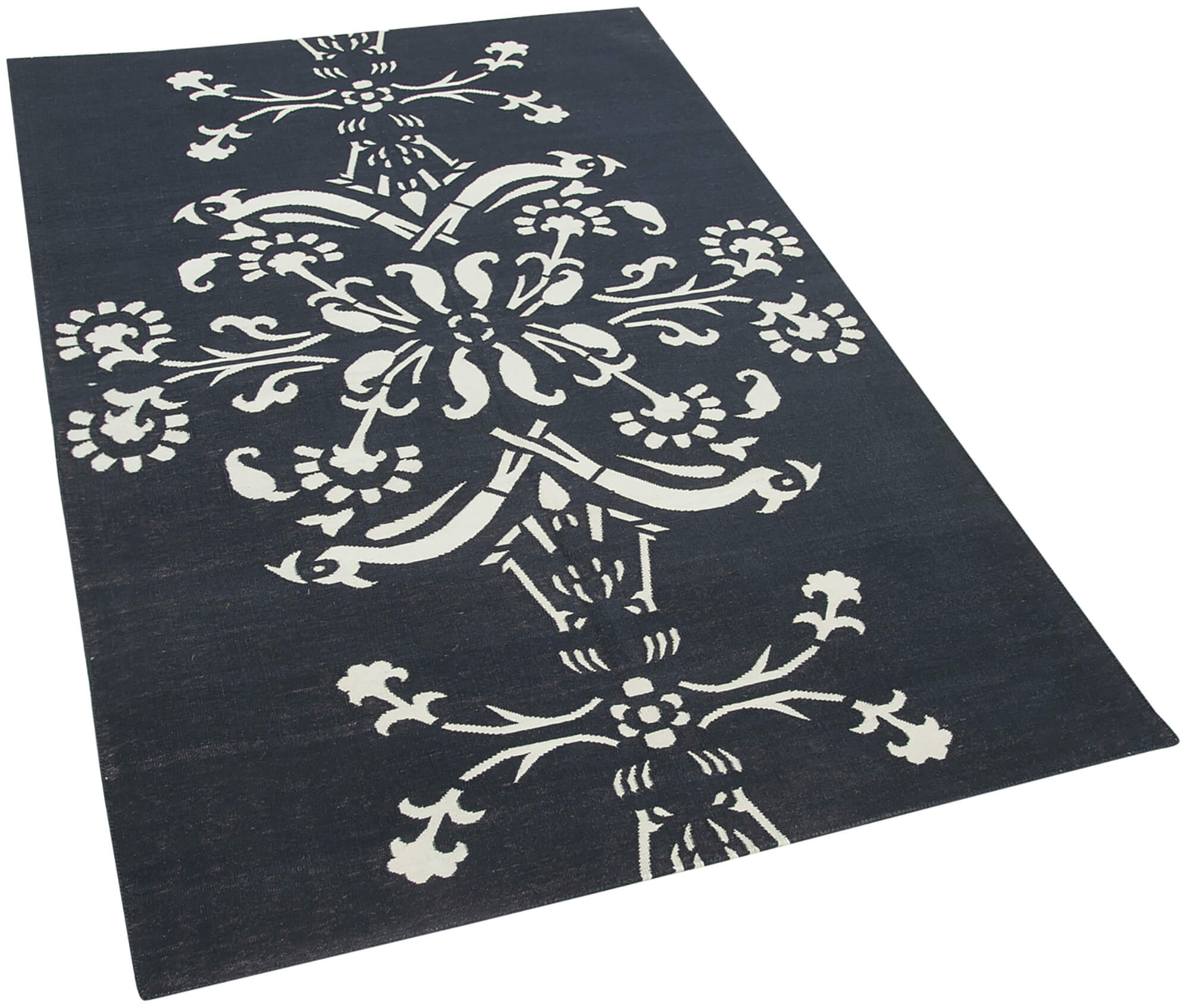 Handmade Wool Area Rug – Black Geometric Rug, Turkish Vintage Style Carpet 3'7"x5'7"