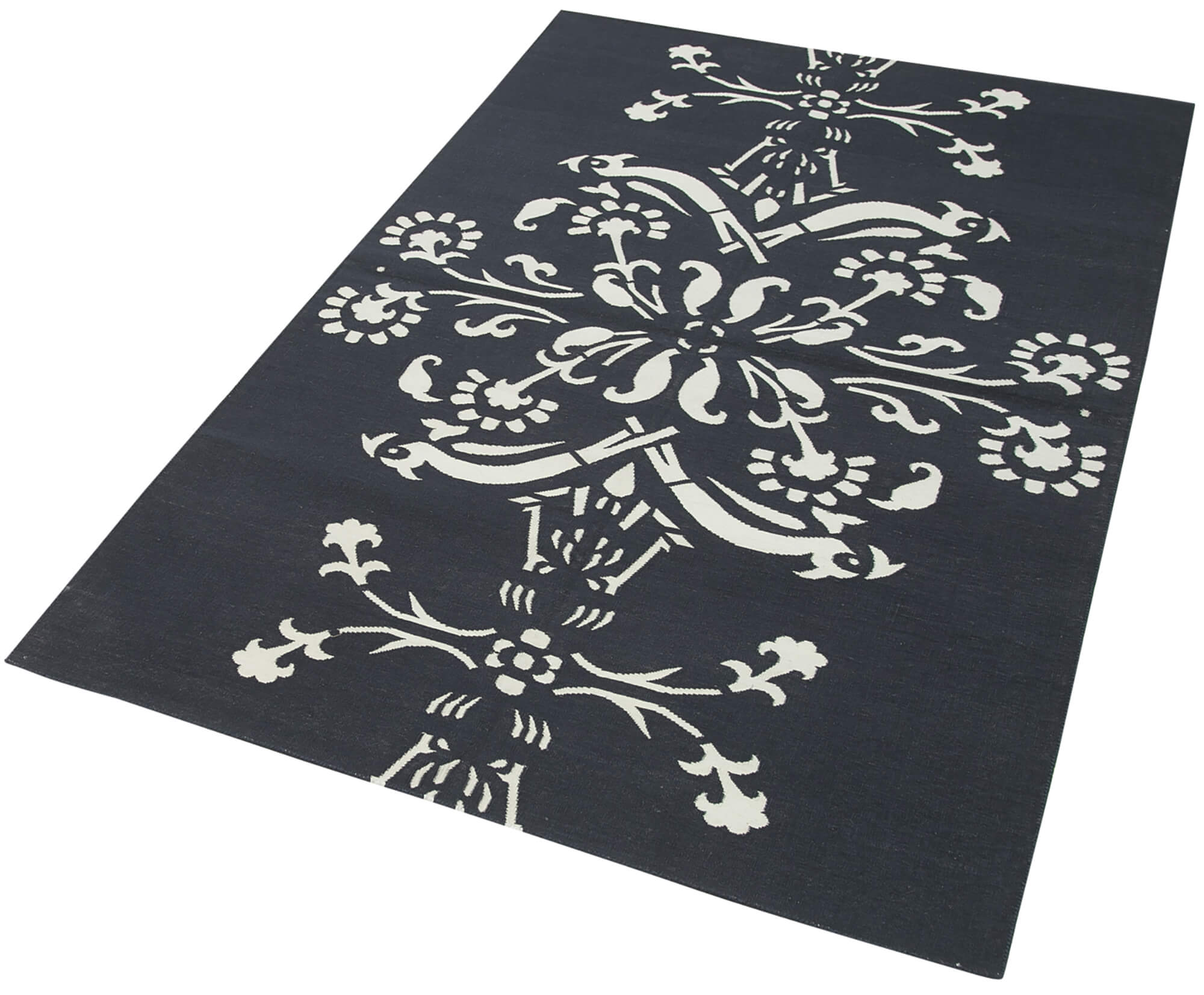 Handmade Wool Area Rug – Black Geometric Rug, Turkish Vintage Style Carpet 3'7"x5'7"