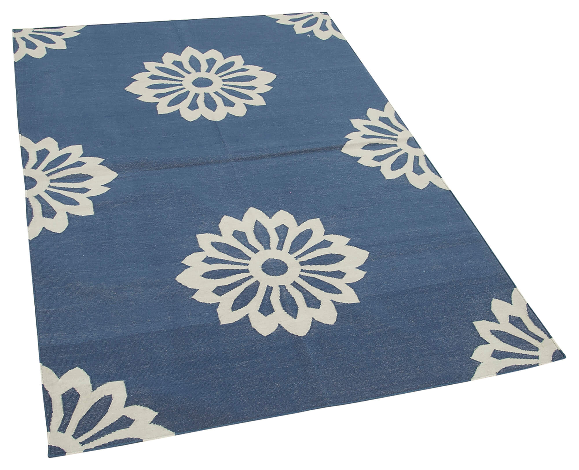 Handmade Area Rug - Blue Geometric Cotton Wool Vintage Handwoven Carpet 3'7"x5'5"