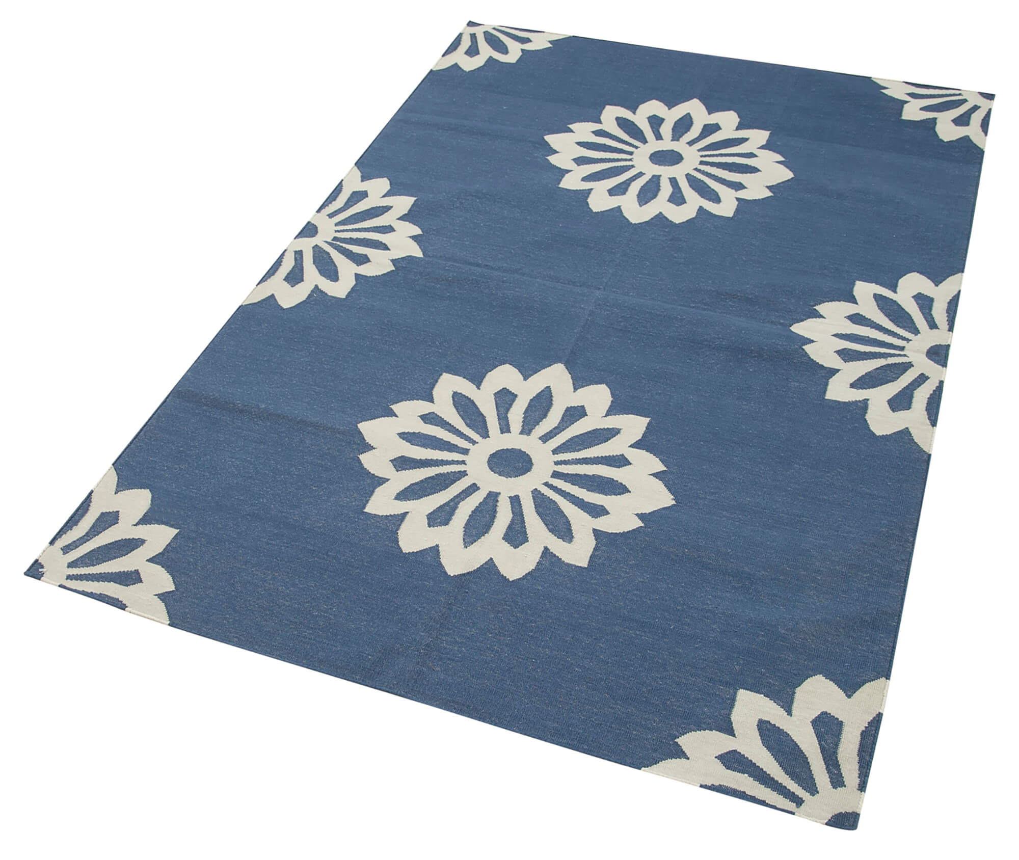 Handmade Area Rug - Blue Geometric Cotton Wool Vintage Handwoven Carpet 3'7"x5'5"