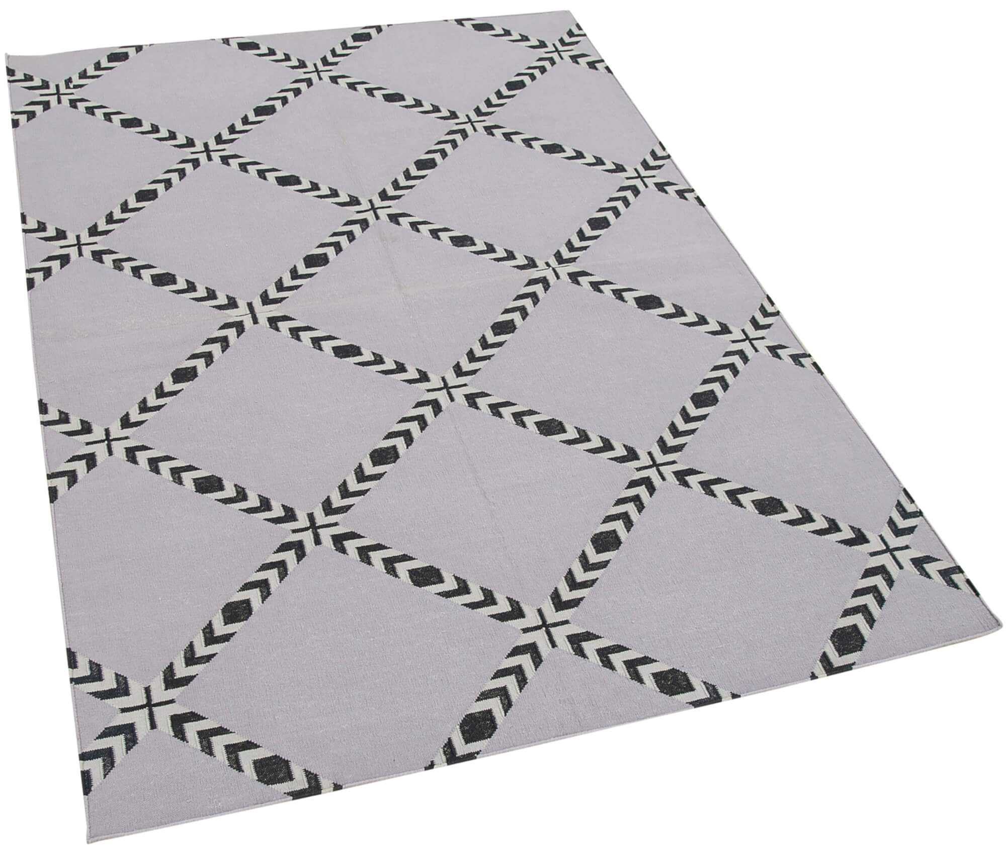 Handmade Area Rug - Grey Geometric Cotton Wool Vintage Hand Woven Carpet 3'6"x4'11"