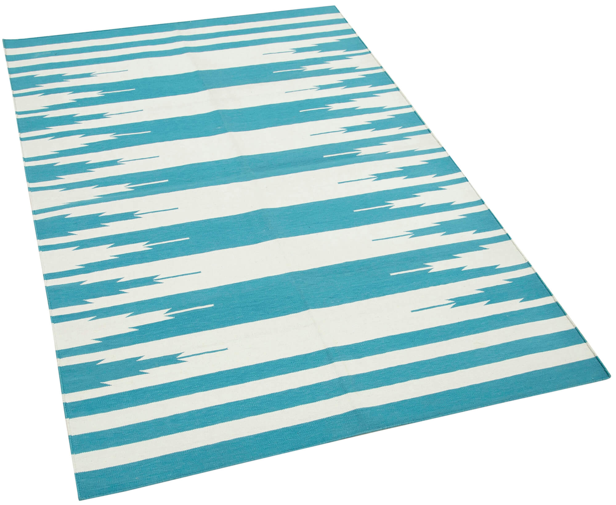 Handmade Area Rug – Turquoise Wool Carpet with Geometric Pattern, Cotton Wool Rug 3'5''x5'5''
