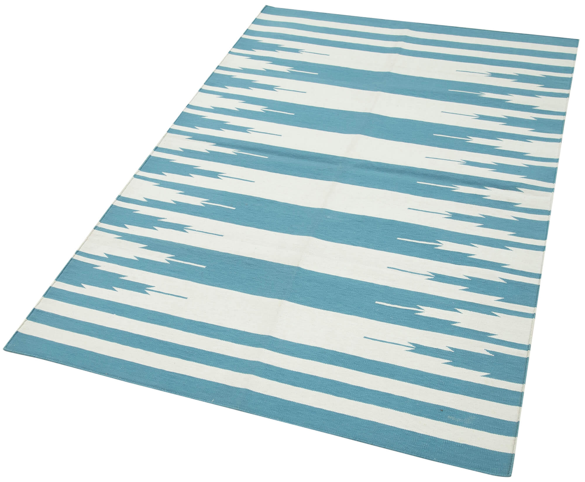 Handmade Area Rug – Turquoise Wool Carpet with Geometric Pattern, Cotton Wool Rug 3'5''x5'5''