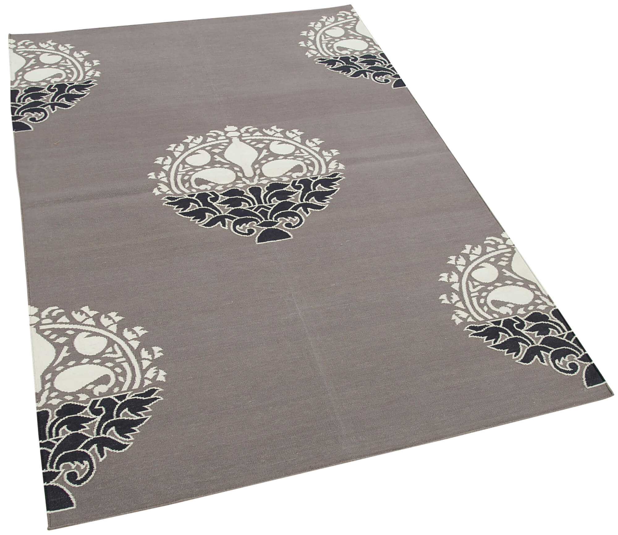 Handmade Area Rug – Grey Geometric Cotton Wool Vintage Handwoven Carpet 3'7''x5'5''