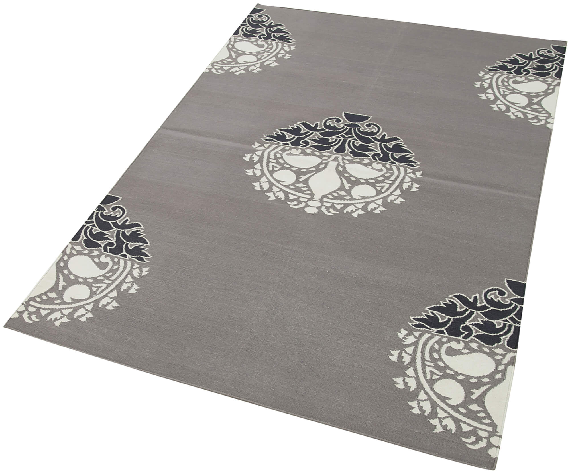 Handmade Area Rug – Grey Geometric Cotton Wool Vintage Handwoven Carpet 3'7''x5'5''