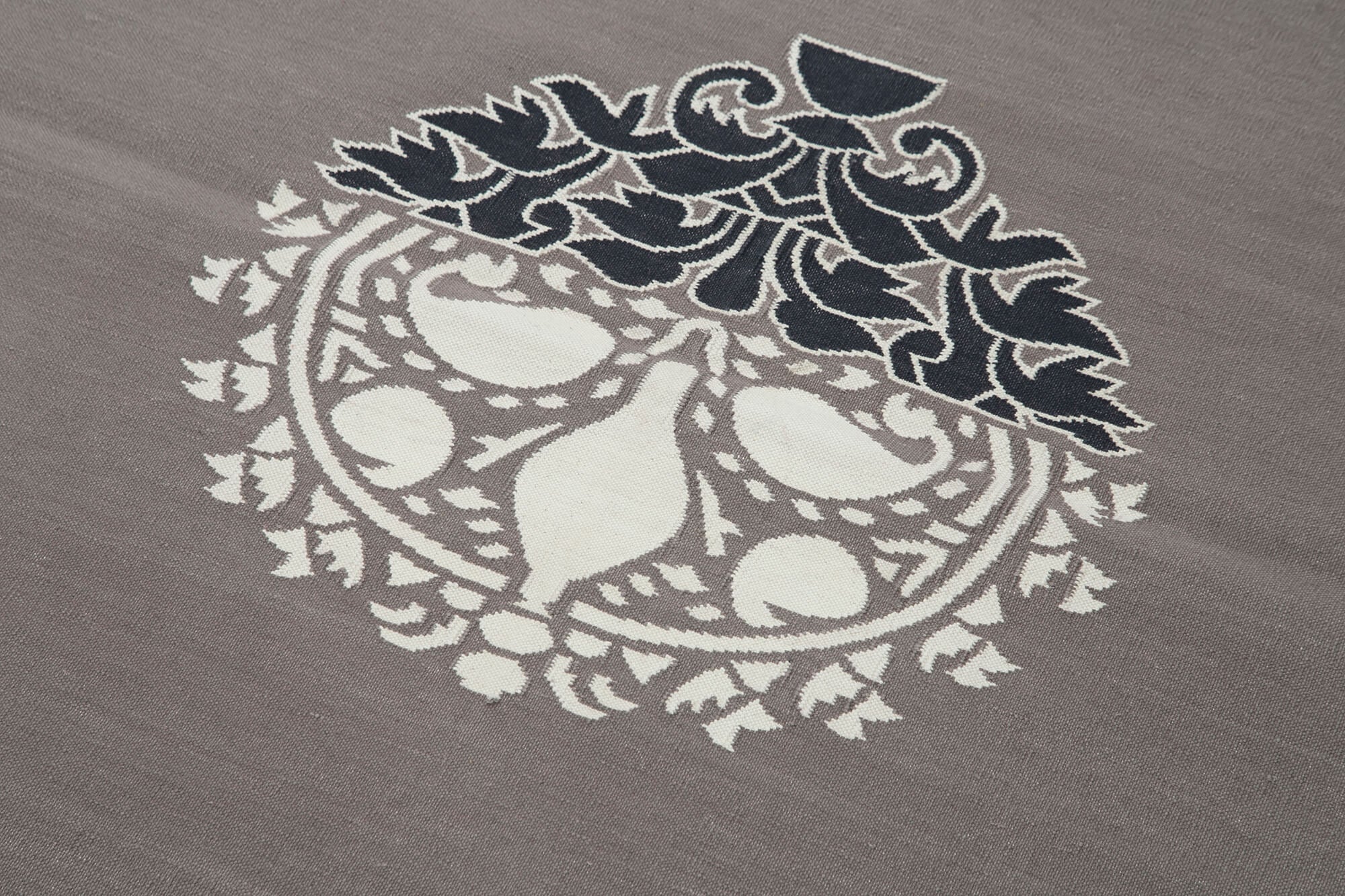 Handmade Area Rug – Grey Geometric Cotton Wool Vintage Handwoven Carpet 3'7''x5'5''