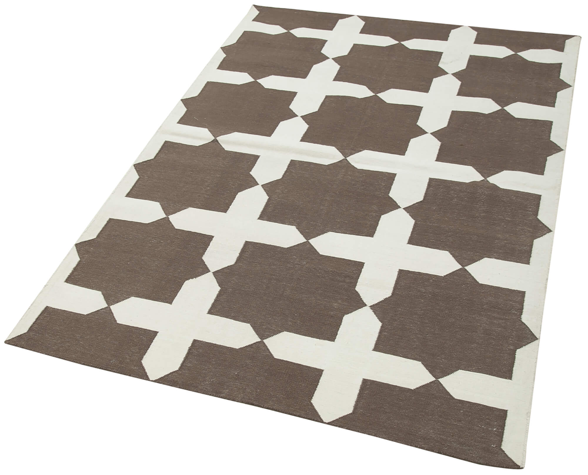 Handmade Wool Area Rug – Brown Geometric Design Cotton Wool Rug 3'9''x5'7''