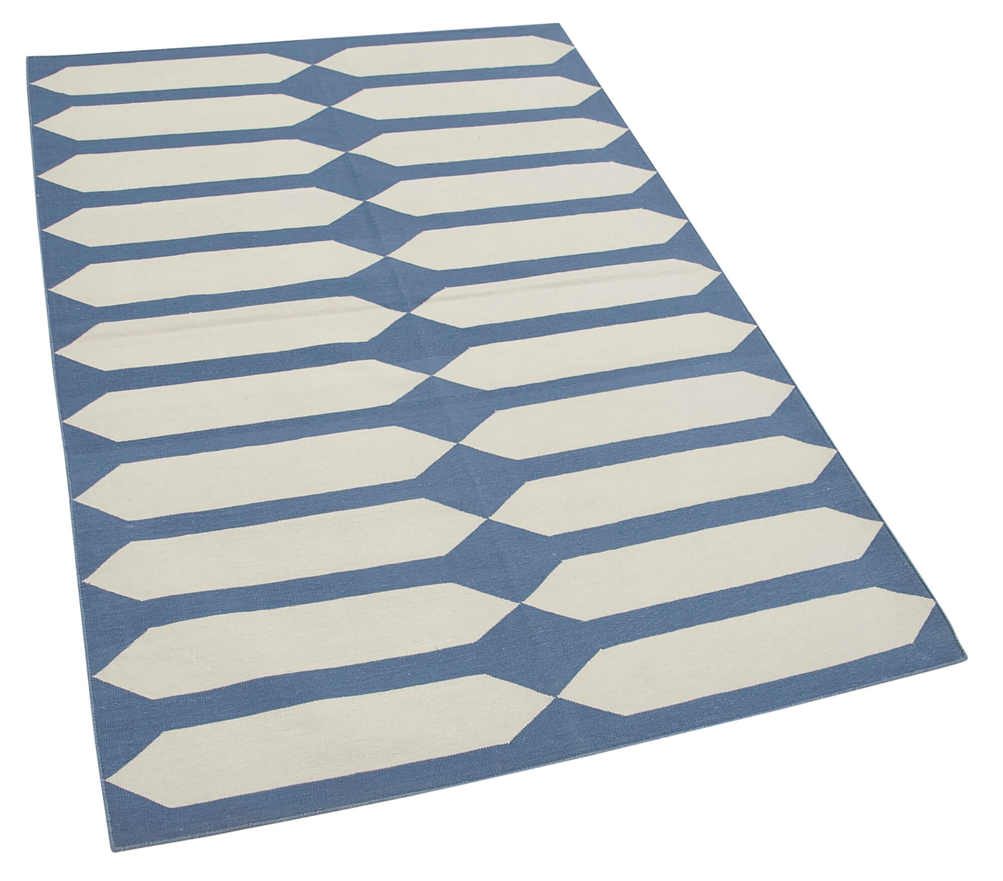 Handmade Area Rug - Blue Geometric Cotton Wool Durable Turkish Vintage Carpet 3'7"x5'7"