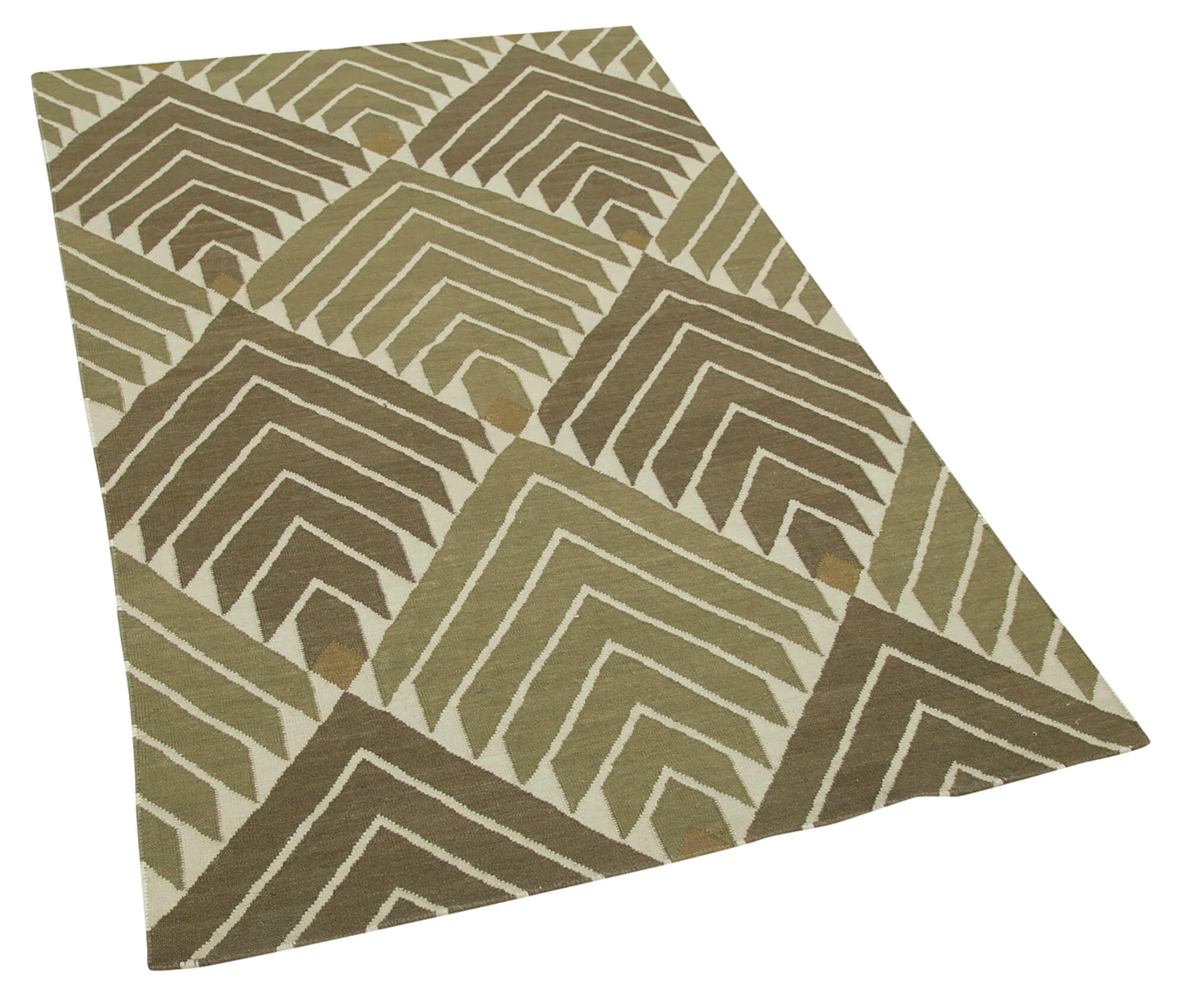 Handmade Area Rug – Geometric Green Cotton Wool Rug 3'6'' x 5'8'' Durable Soft Texture