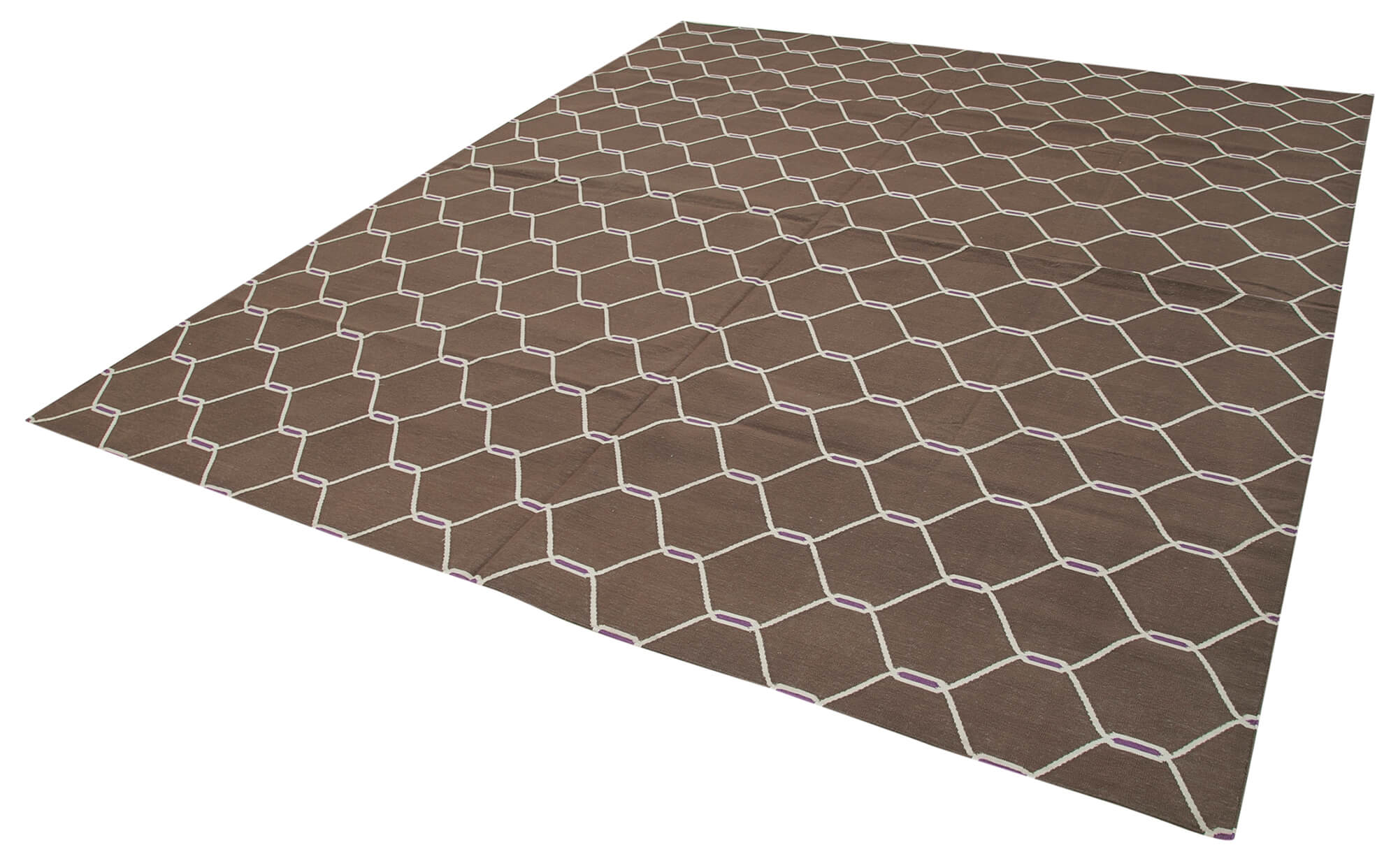 Handmade Area Rug | Brown Geometric Cotton Wool Vintage Hand Woven Carpet 8'2''x9'9''